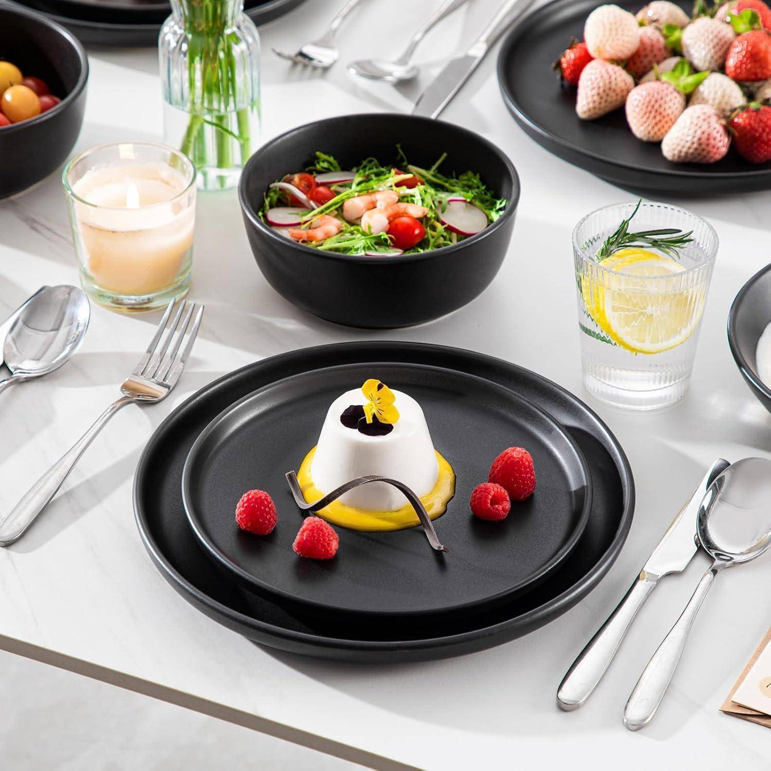 Geschirrset 6 Personen Steingut Teller Schalen 24 Teile Set Schwarz