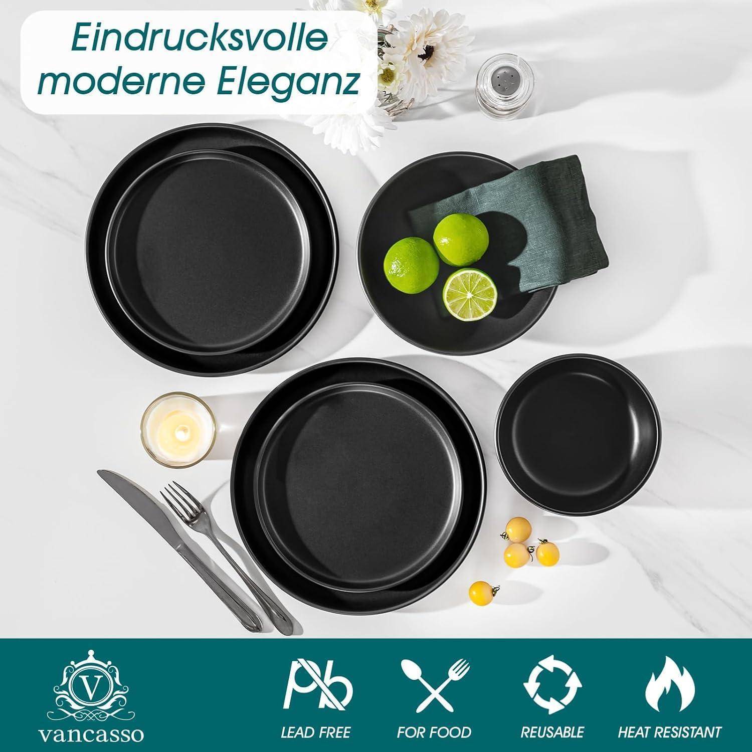 Geschirrset 6 Personen Steingut Teller Schalen 24 Teile Set Schwarz