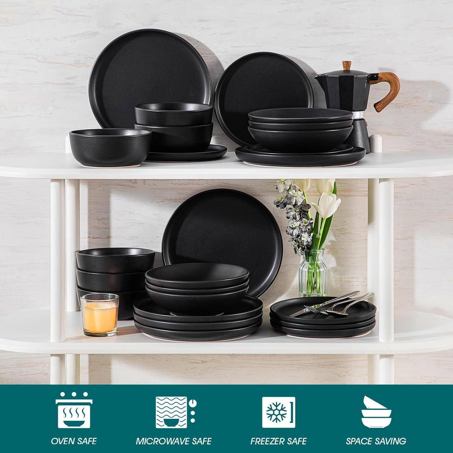 Geschirrset 6 Personen Steingut Teller Schalen 24 Teile Set Schwarz