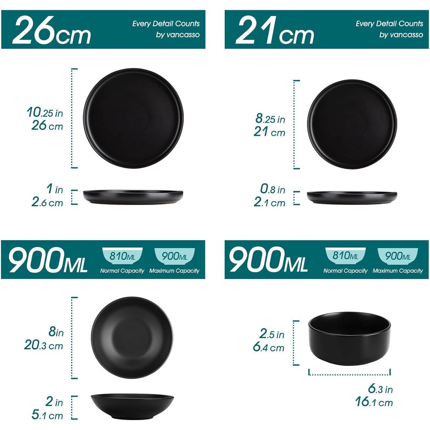 Geschirrset 6 Personen Steingut Teller Schalen 24 Teile Set Schwarz