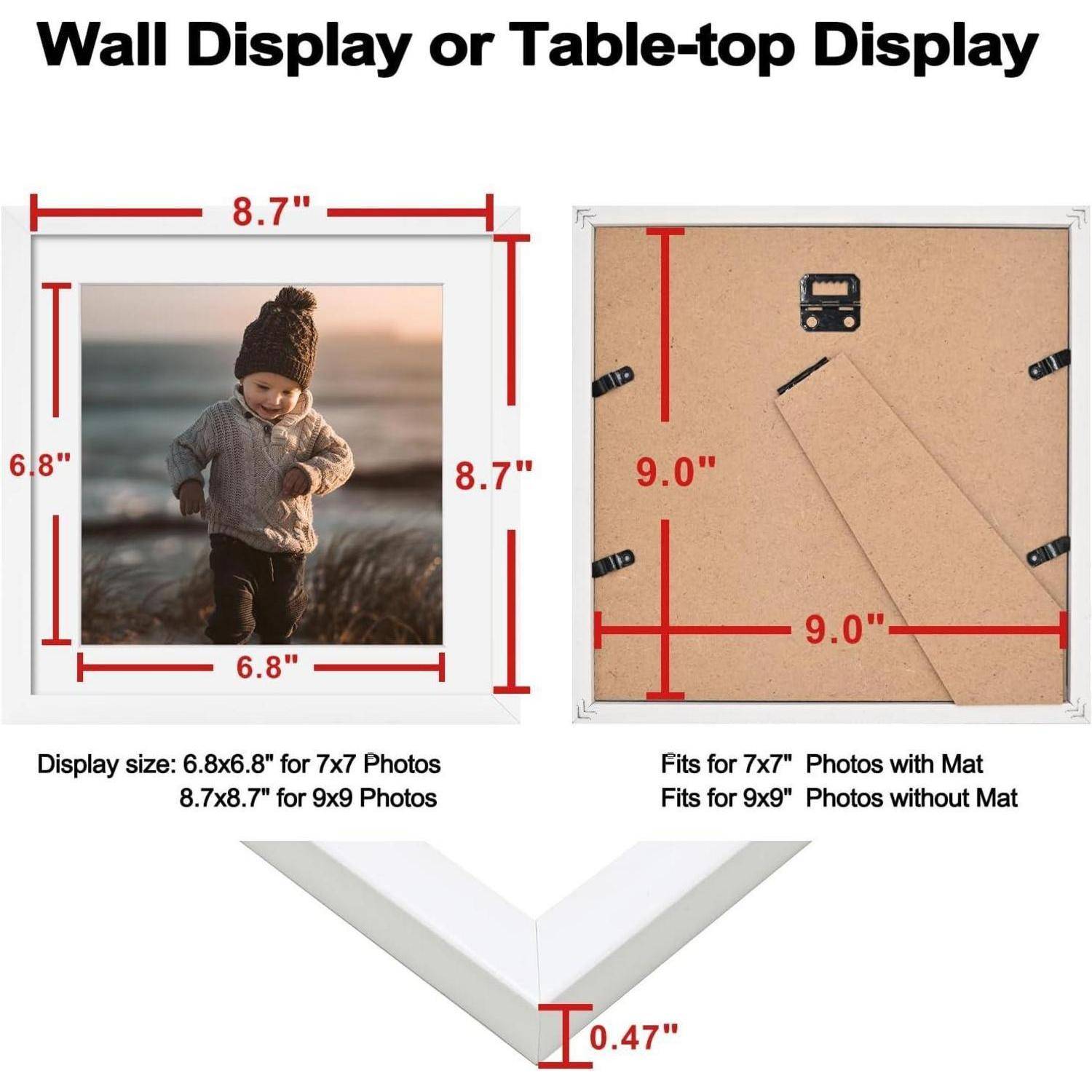 Bilderrahmen-Displayoptionen: Wandmontage und Tischaufstellung. Abmessungen: 22,1 cm quadratisch. Passt für Fotos von 17,3x17,3 cm bis 22,1x22,1 cm; Passepartout für 17,8x17,8 cm Fotos. Rahmentiefe 1,2 cm.