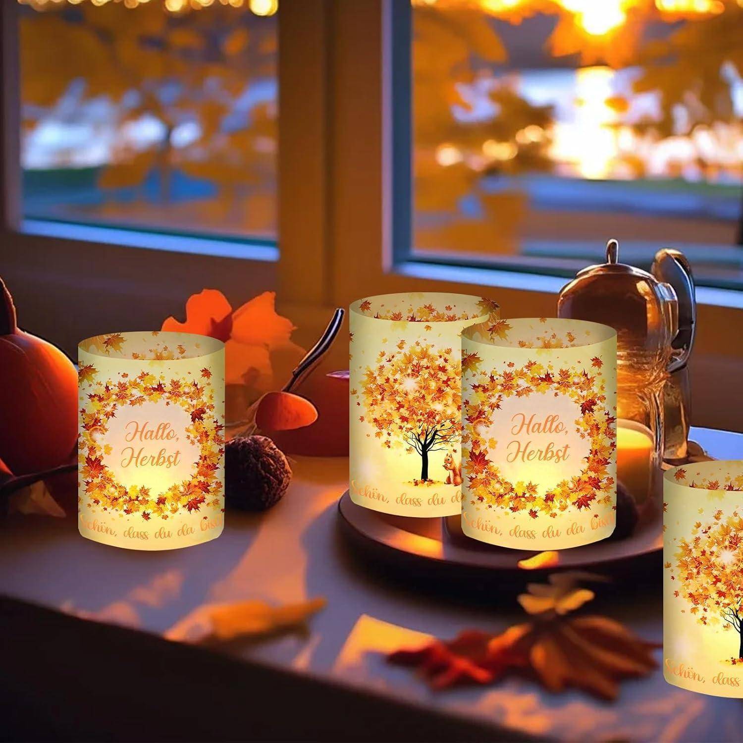Windlicht Tischdeko Herbstblätter Teelichter Kerzen 12 Herbst Deko