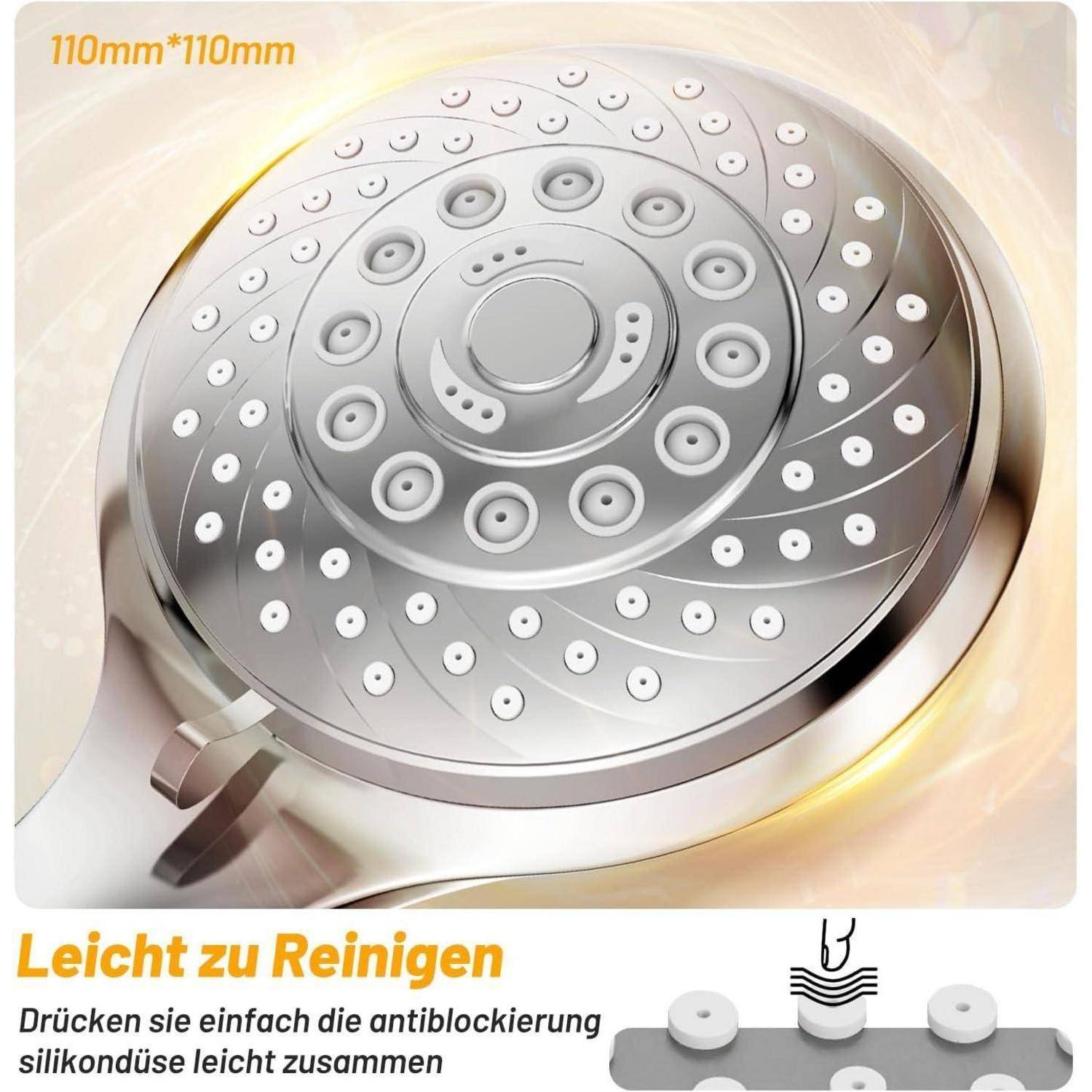 Detailaufnahme eines Duschkopfes mit mehreren Düsen, mit dem Text 'Leicht zu Reinigen', der die einfache Reinigung mit Silikonendüsen hervorhebt.