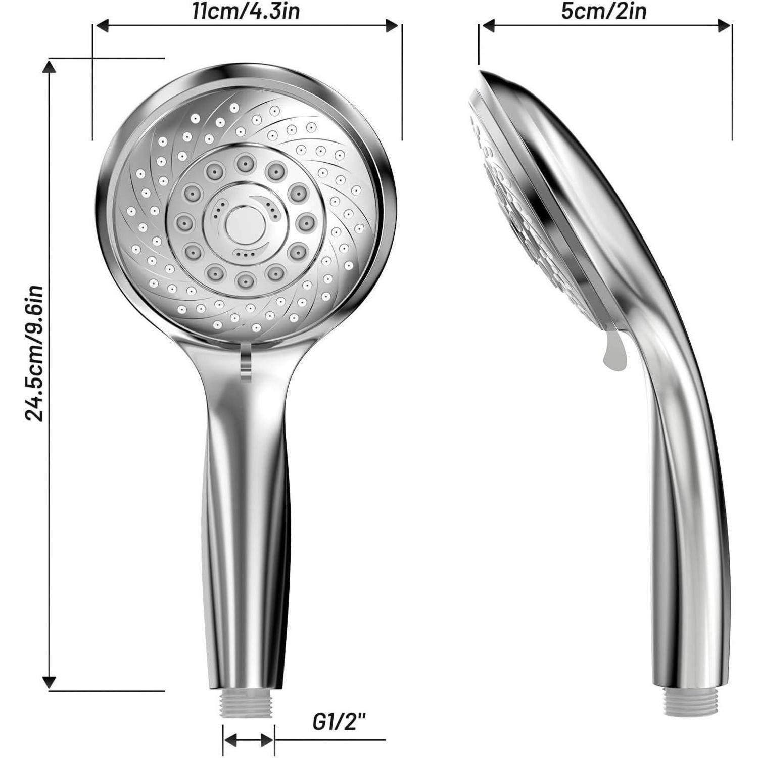 Handbrause, verstellbare Strahlart, Chrom-Finish. Abmessungen: Höhe 24,5 cm/9,6 Zoll, Kopfdurchmesser 11 cm/4,3 Zoll, Tiefe 5 cm/2 Zoll.