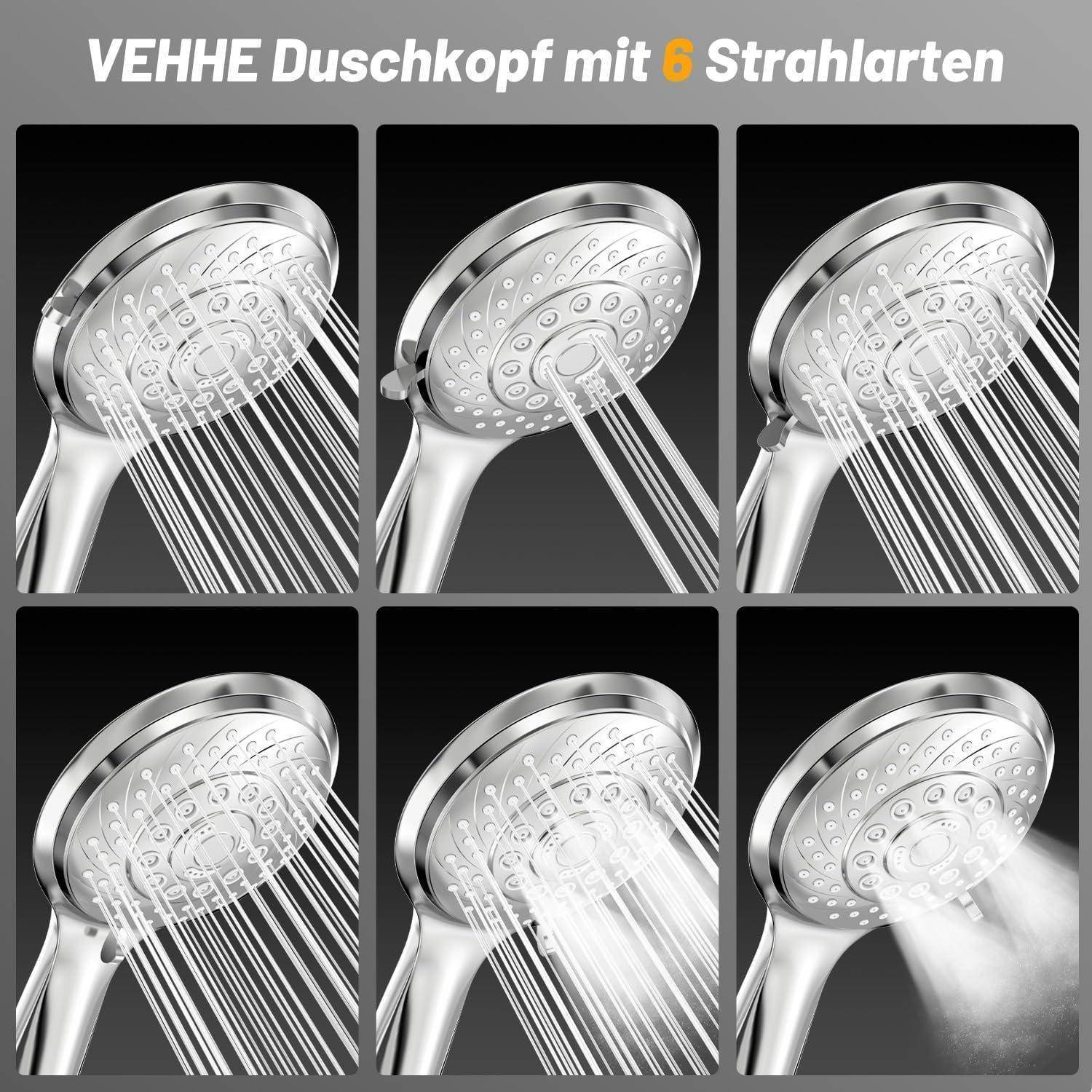 Ein Produktbild, das einen Duschkopf mit sechs verschiedenen Spülmodi zeigt und die Wasserflussstrukturen für jeden Modus veranschaulicht.