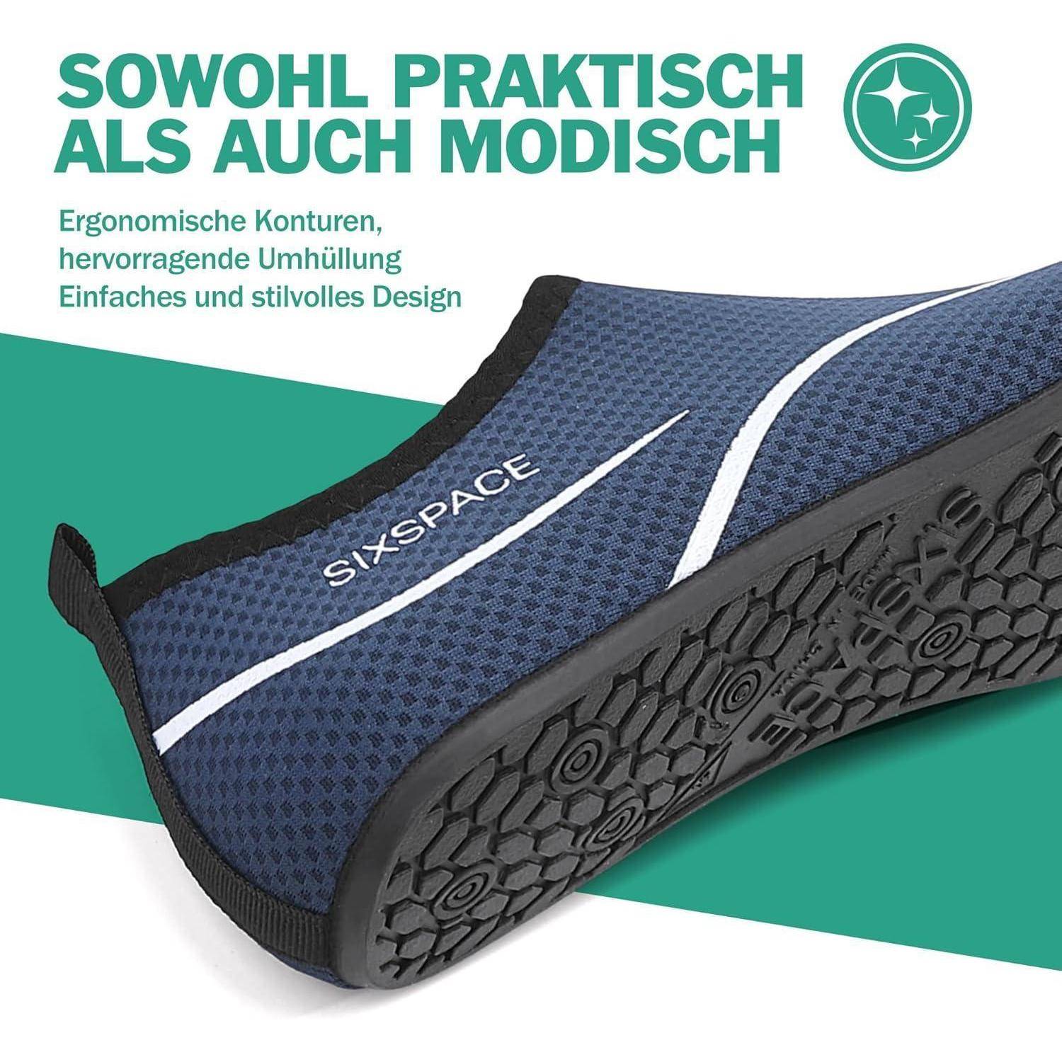 Sixspace' Schuh mit ergonomischem Design, schwarzer Sohle und blauem Obermaterial. Der deutsche Text betont Praktikabilität und Stil.