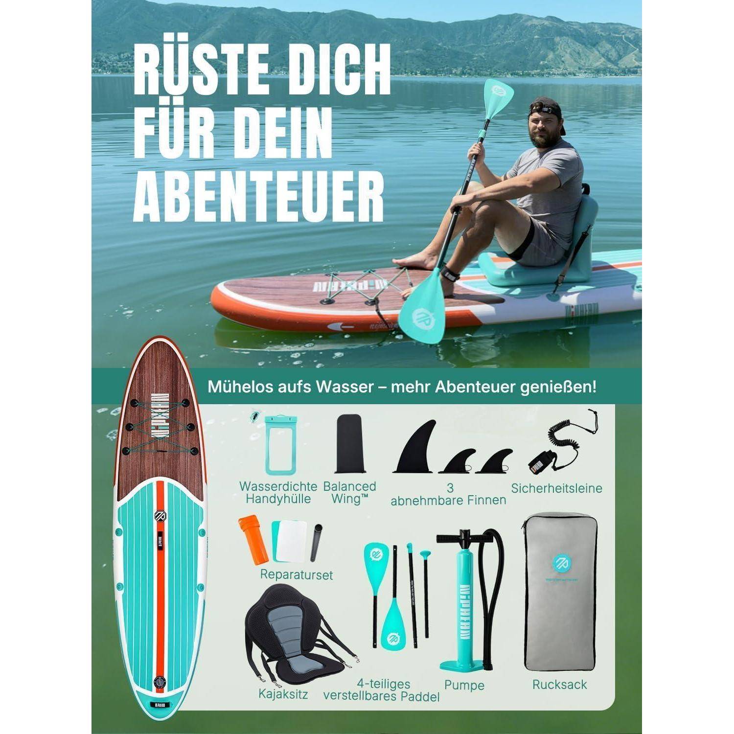 Paddleboard SUP 320cm 200kg Classic Wood Grain mit dem Balanceflügel