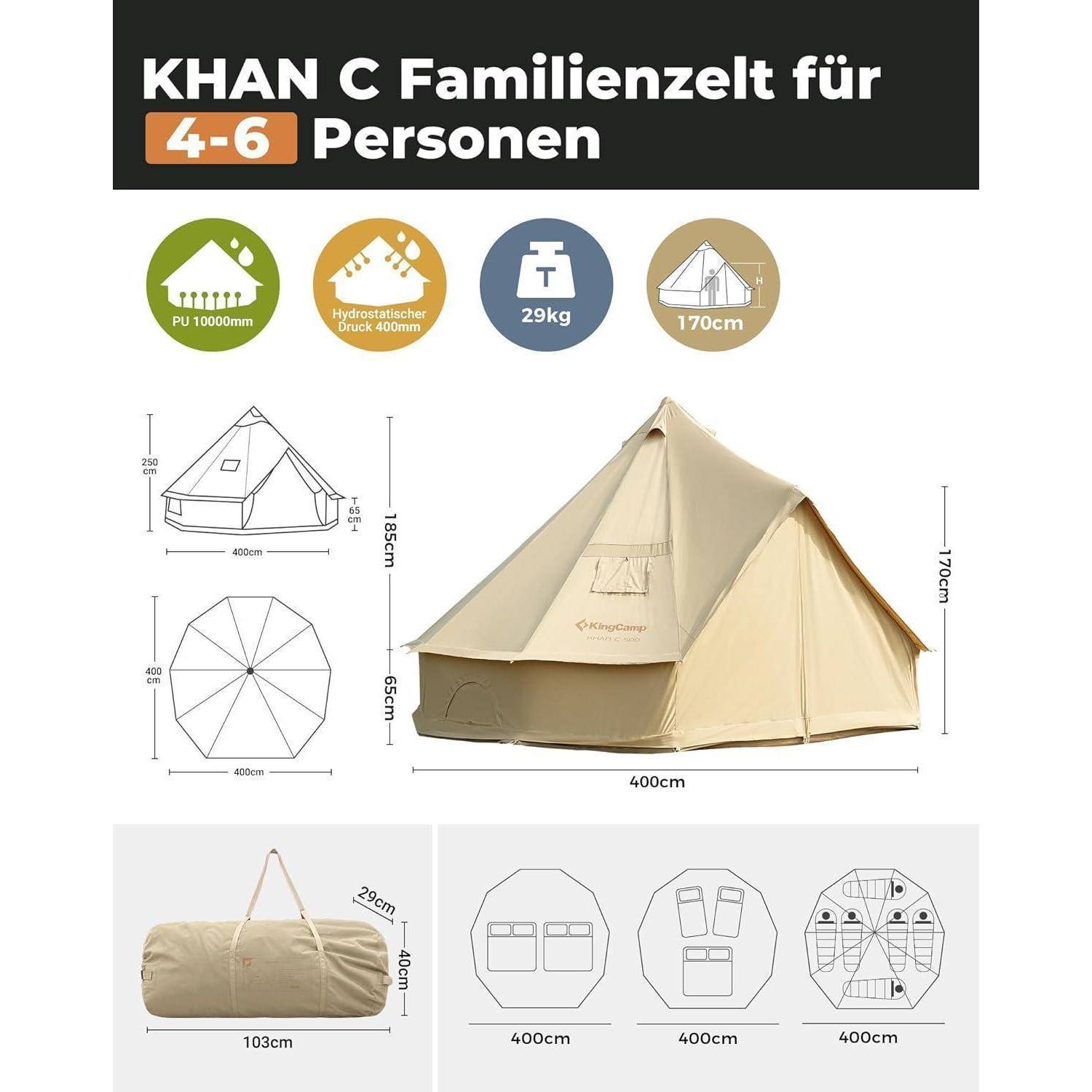 Glampingzelt Glockenzelt Baumwolle 6 12 KHAN 4M T C 210g Base Camp