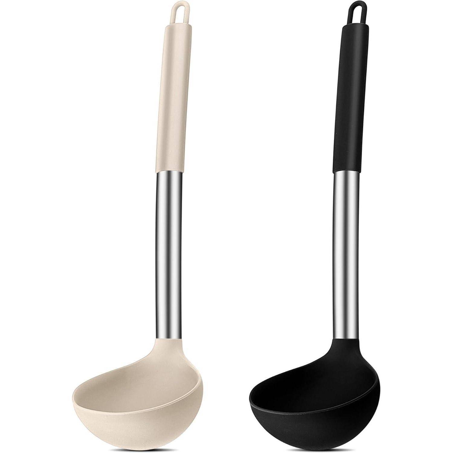 Suppenkelle Silikon Edelstahlgriff 30cm Antihaft Set Schwarz Khaki
