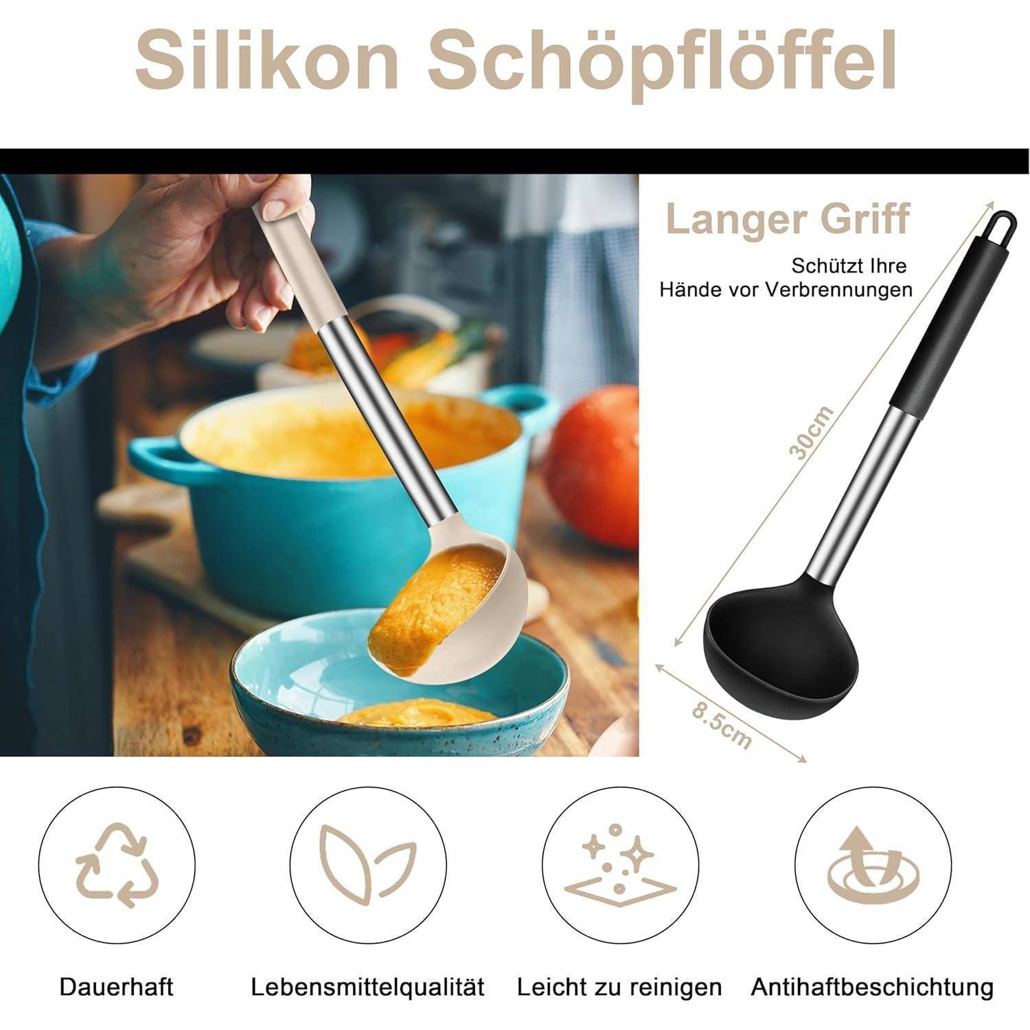 Suppenkelle Silikon Edelstahlgriff 30cm Antihaft Set Schwarz Khaki