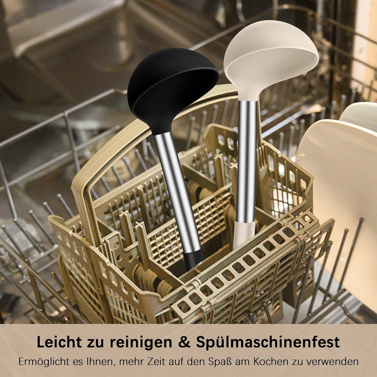 Suppenkelle Silikon Edelstahlgriff 30cm Antihaft Set Schwarz Khaki