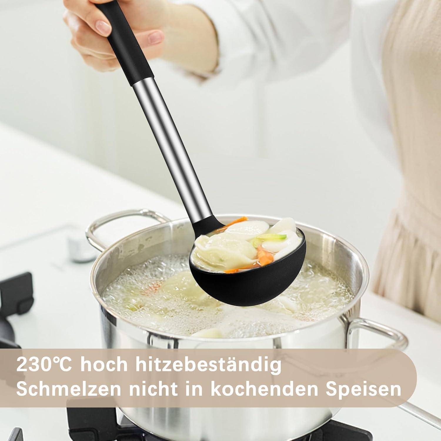 Suppenkelle Silikon Edelstahlgriff 30cm Antihaft Set Schwarz Khaki