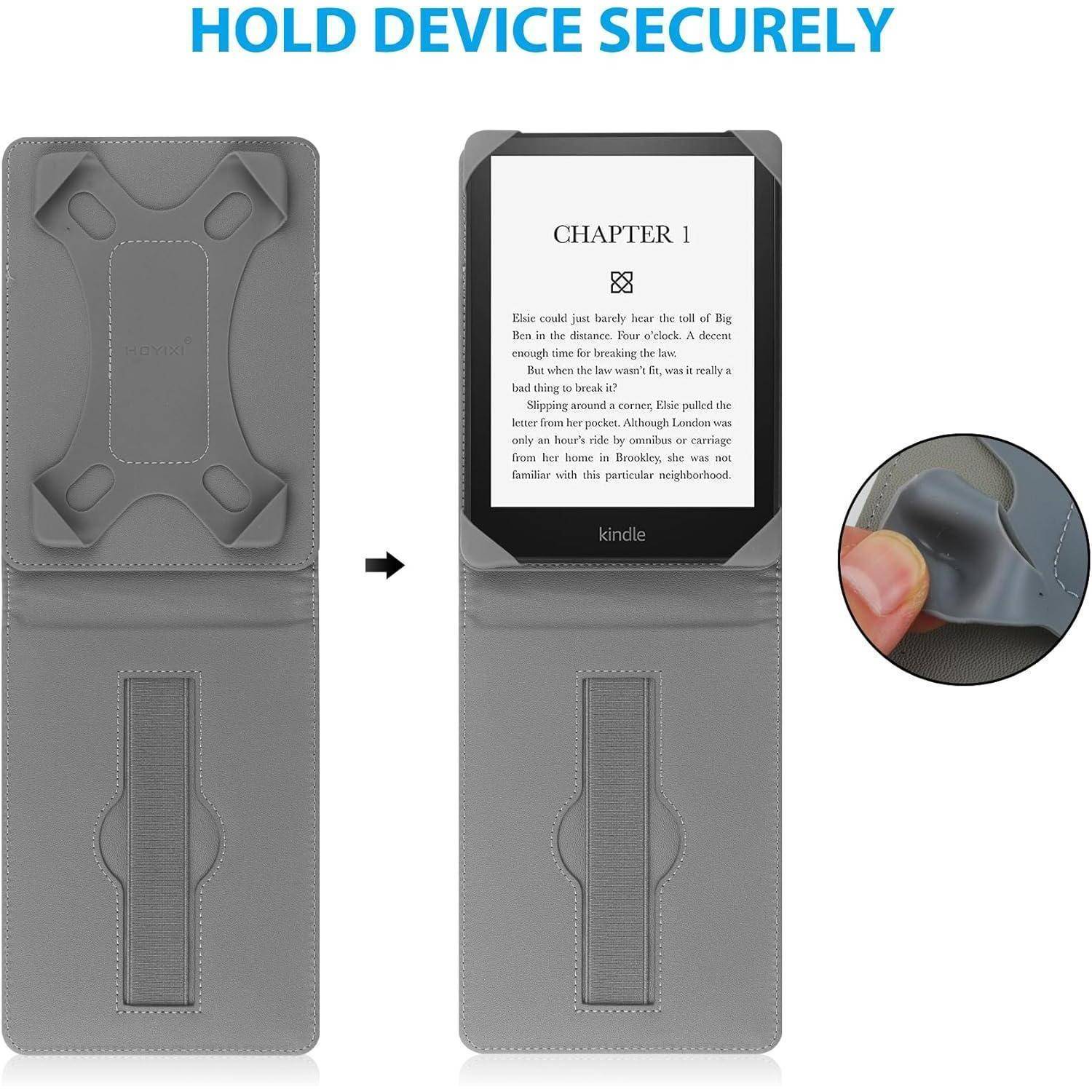 Grauer Kindle-Umschlag mit offener Vorderseite, auf der ein Kindle-Gerät zu sehen ist. Text oben liest: „GERÄT SICHER FESTHALTEN.