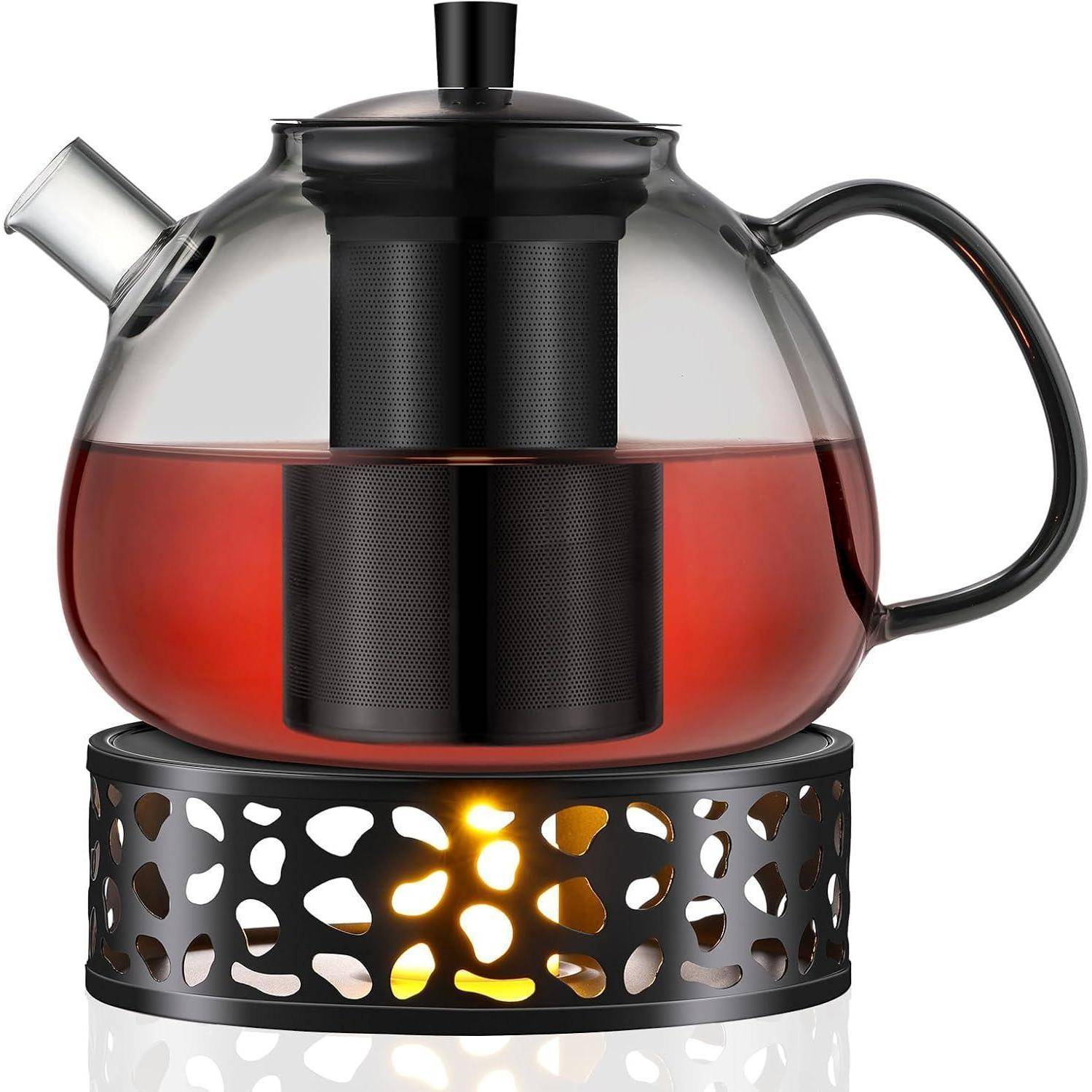 Teekanne Glas 1500ml Teekanne mit Stövchen Typ4 Schwarzfilter