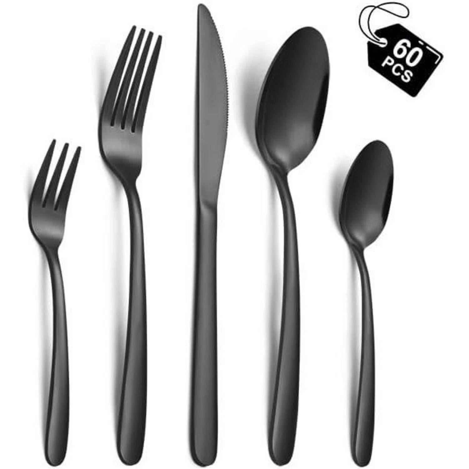 Besteck Set 12 Personen Edelstahl Gabeln Löffel Messer Schwarz 60pcs