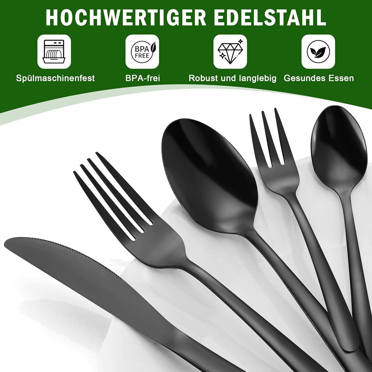 Besteck Set 12 Personen Edelstahl Gabeln Löffel Messer Schwarz 60pcs