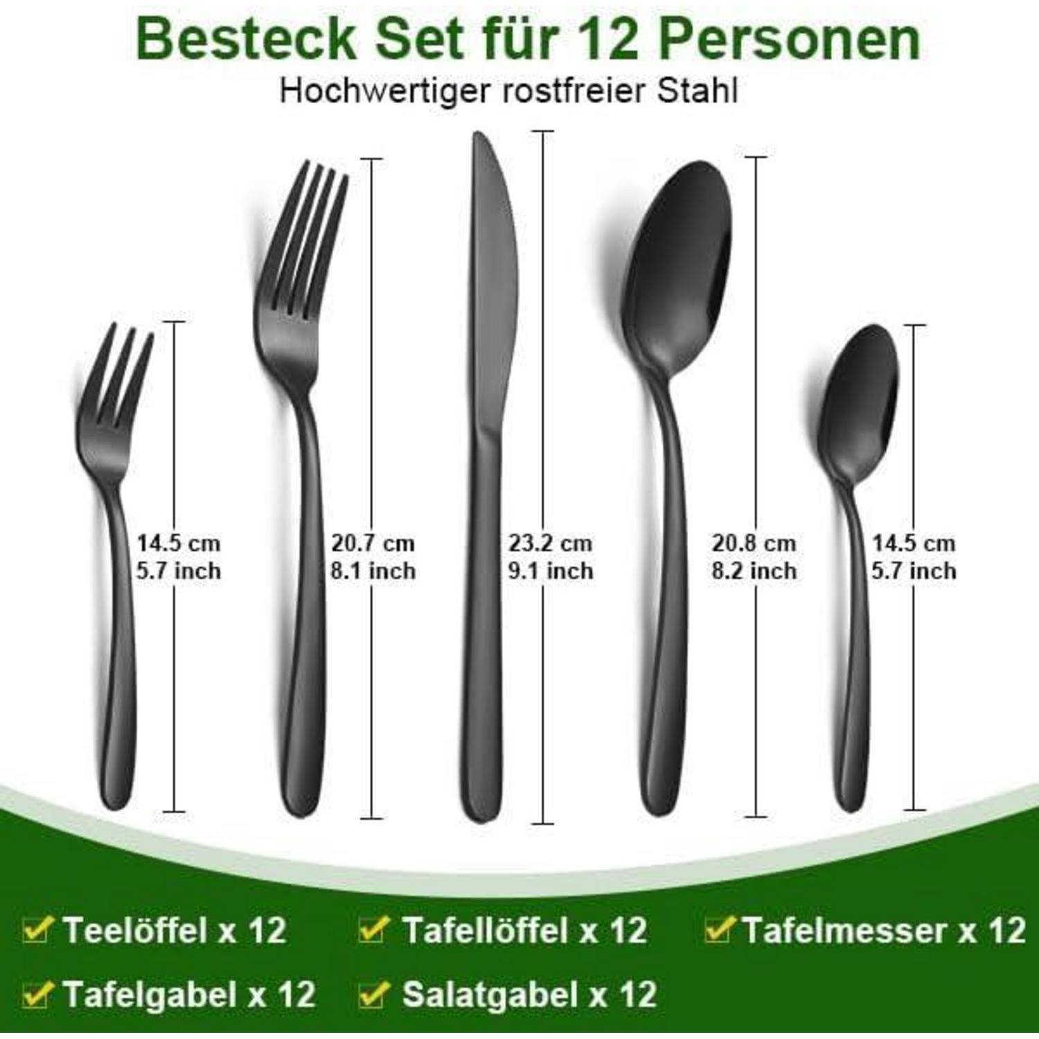 Besteck Set 12 Personen Edelstahl Gabeln Löffel Messer Schwarz 60pcs