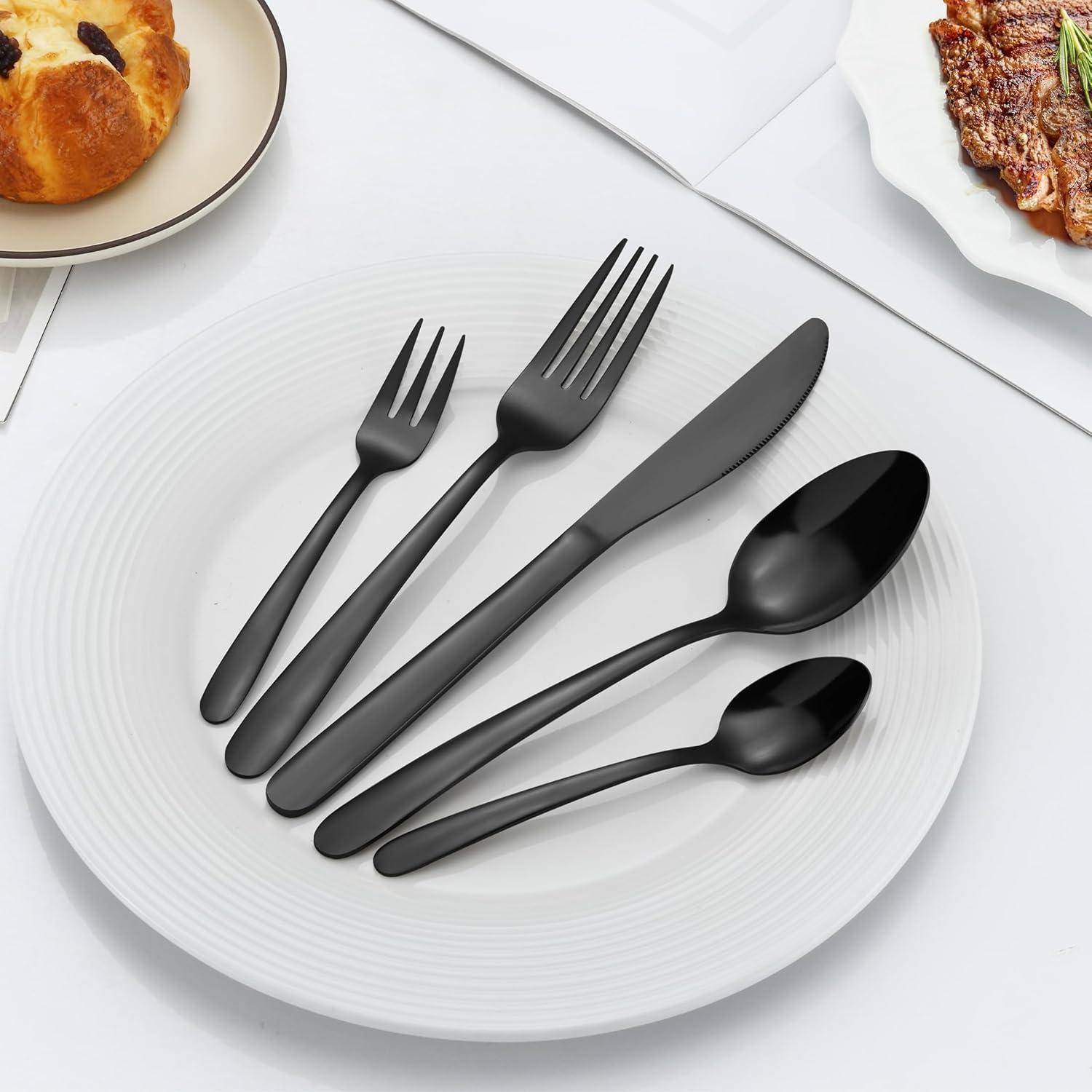 Besteck Set 12 Personen Edelstahl Gabeln Löffel Messer Schwarz 60pcs
