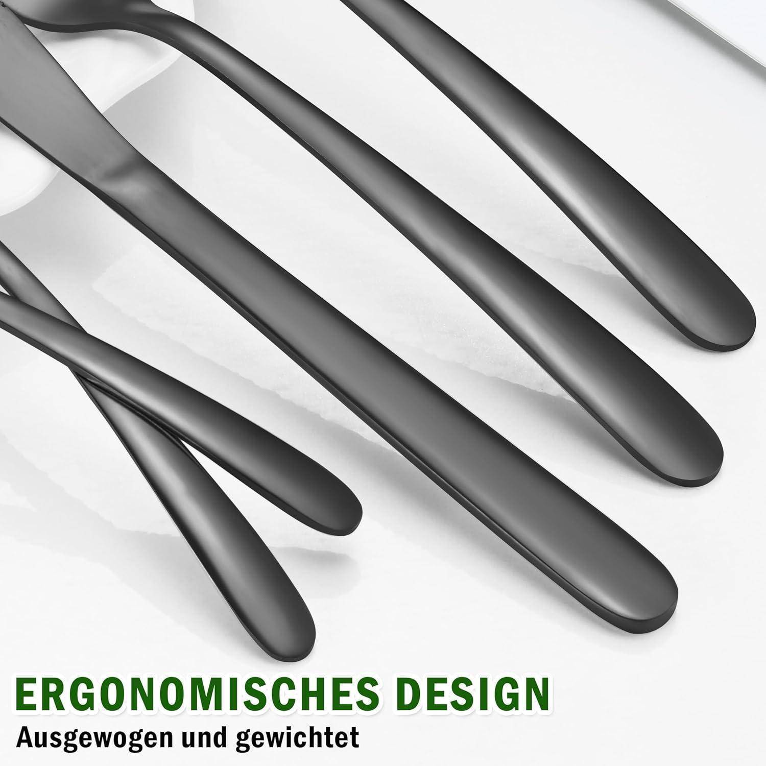 Besteck Set 12 Personen Edelstahl Gabeln Löffel Messer Schwarz 60pcs