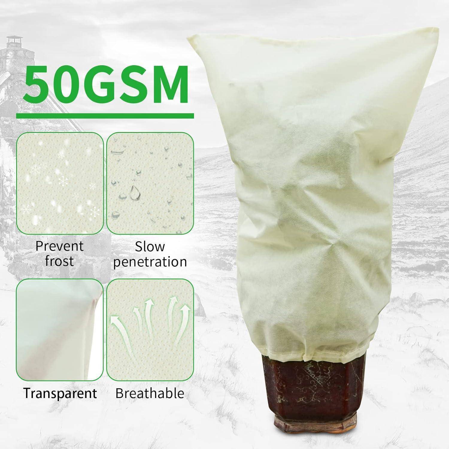 Pflanzenschutzvlies mit folgenden Eigenschaften: '50 g/m²' Gewebe; Merkmale umfassen 'Frostschutz', 'langsame Durchdringung', 'transparent' und 'atmungsaktiv'.