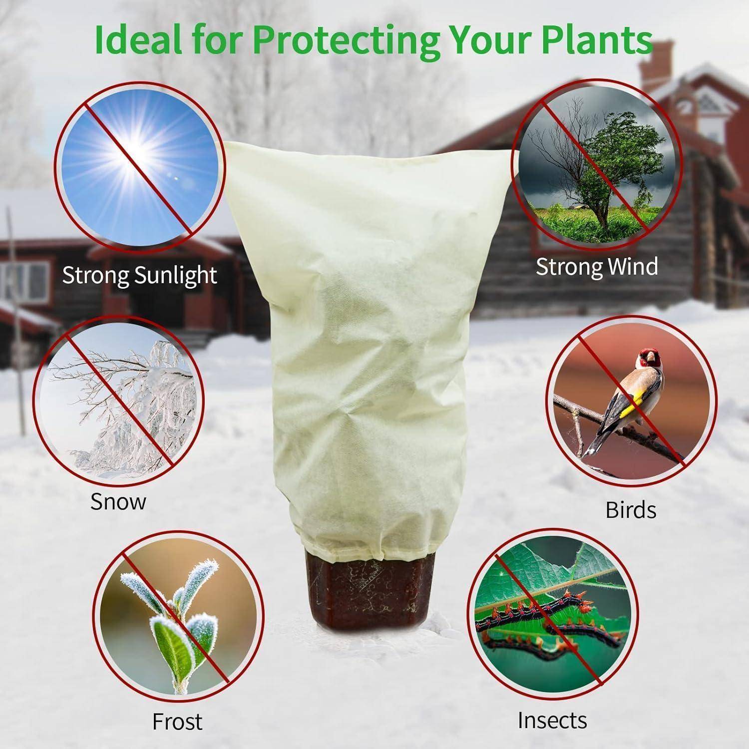 Pflanze mit Stoff bedeckt, um sie vor Sonnenlicht, Wind, Schnee, Frost, Vögeln und Insekten zu schützen. Text lautet: 'Ideal zum Schutz Ihrer Pflanzen'.