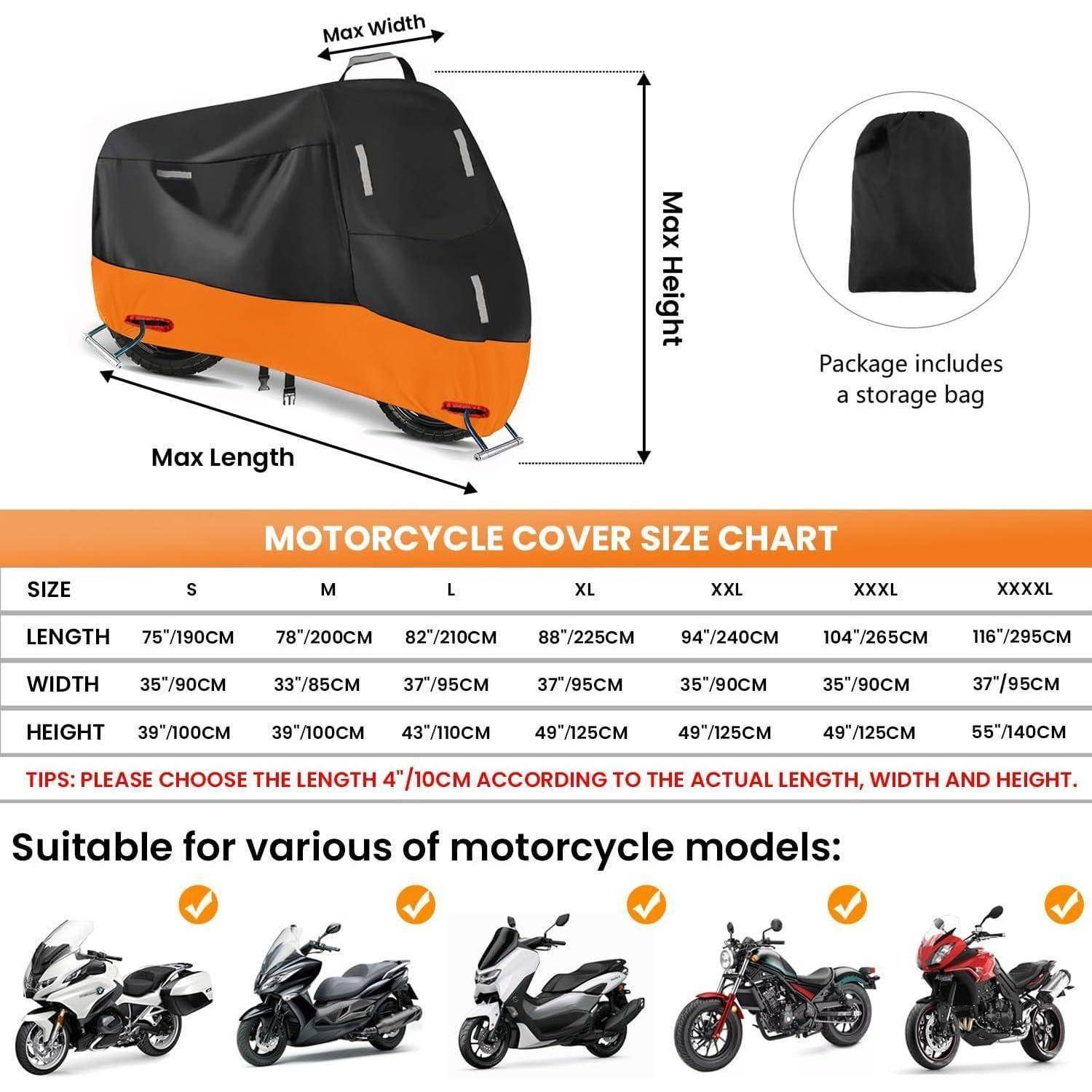 Motorradabdeckung Größentabelle mit Länge, Breite und Höhe für Größen S bis XXXL. Inklusive Aufbewahrungstasche. Geeignet für verschiedene Modelle.