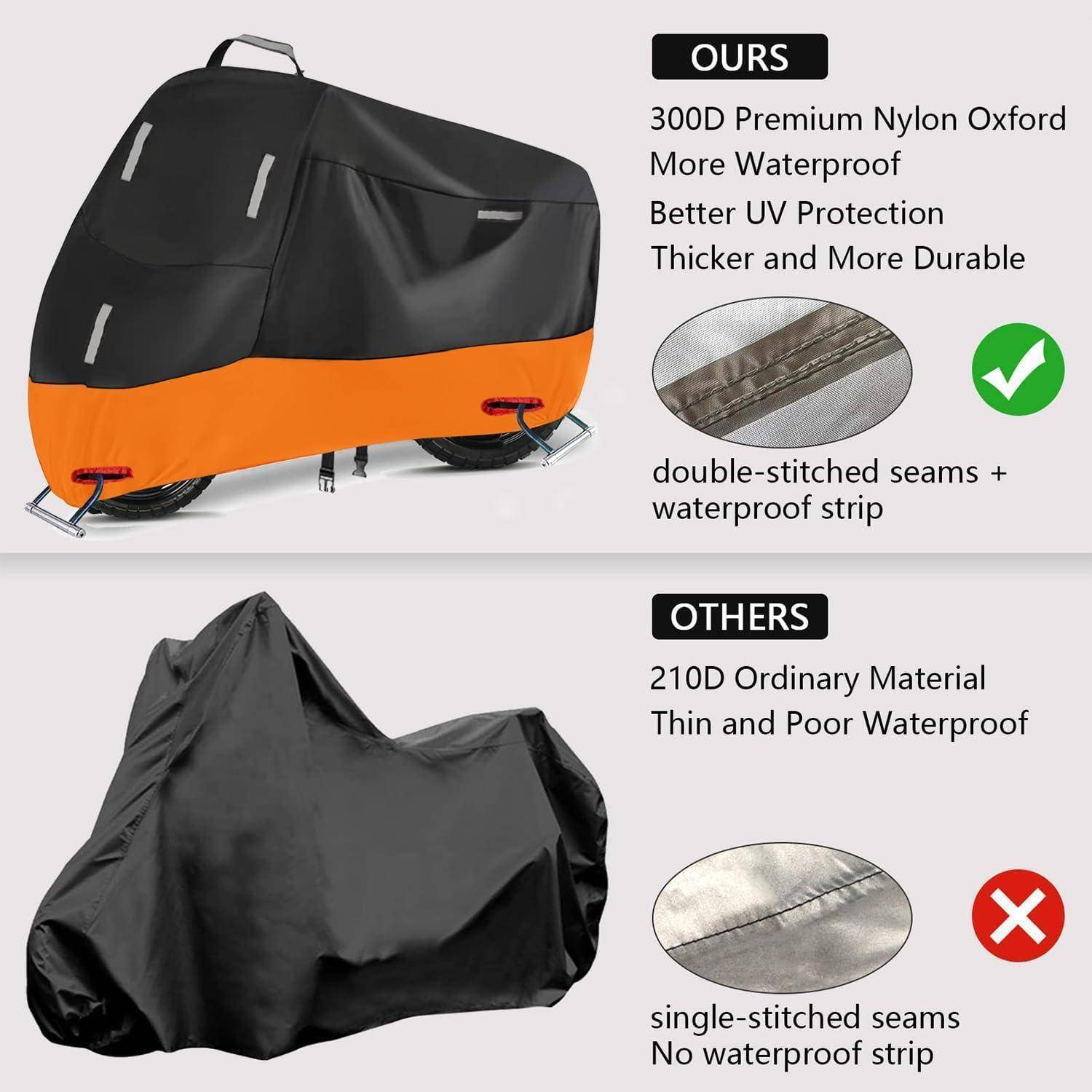 Vergleich von Motorradabdeckungen: Oben - Unsere, hergestellt aus 300D Nylon, dicker, robuster, wasserdicht, mit doppelt genähten Nähten. Unten - Andere, hergestellt aus 210D Material, dünner, weniger haltbar, einfach genäht.