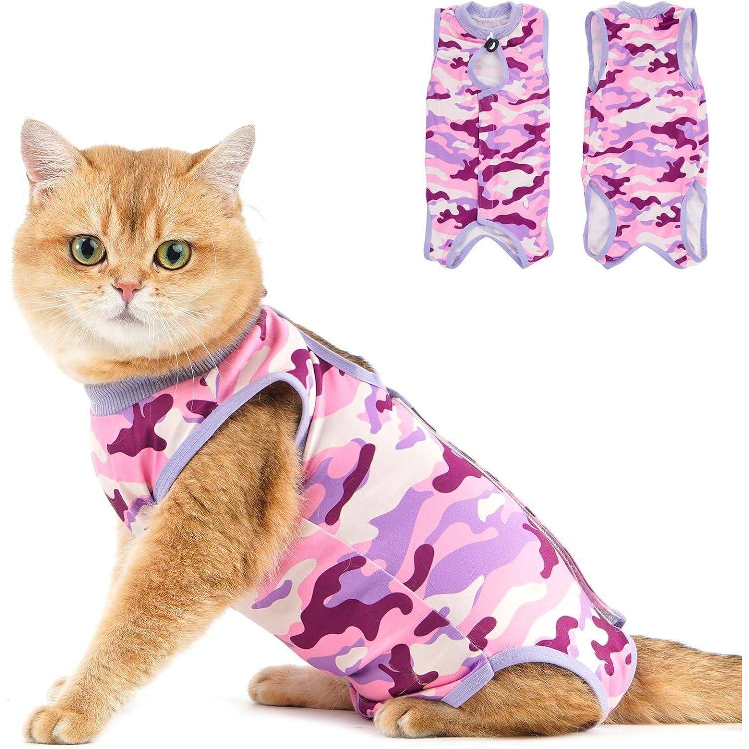 Eine Katze mit ingwerbraunem Fell, die einen Einteiler in rosa und lila Tarnmuster trägt. Zusätzliche Ansichten des Einteilers sind über der Katze gezeigt.