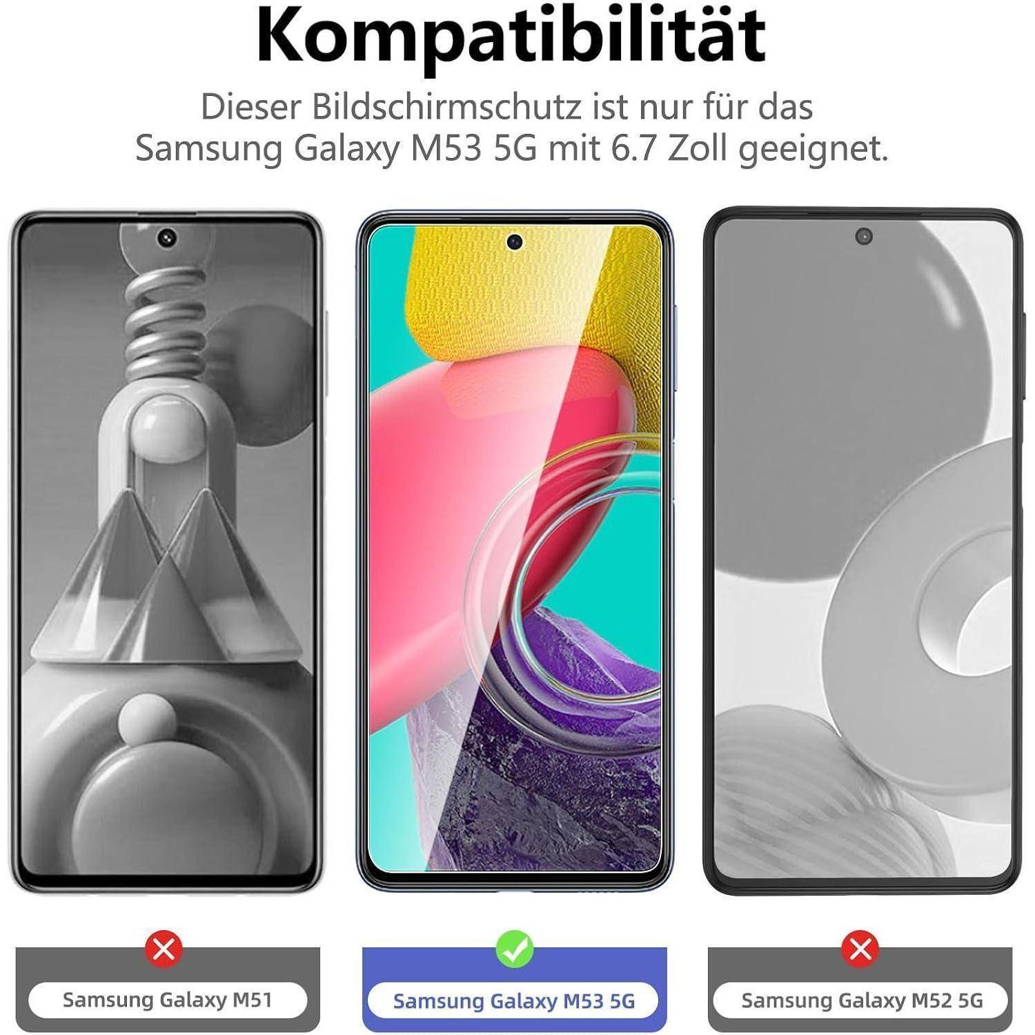 Kompatibilität: Bildschirmschutzfolien für Samsung Galaxy M51, M53 5G und M52 5G. Nur die M53 5G passt korrekt.