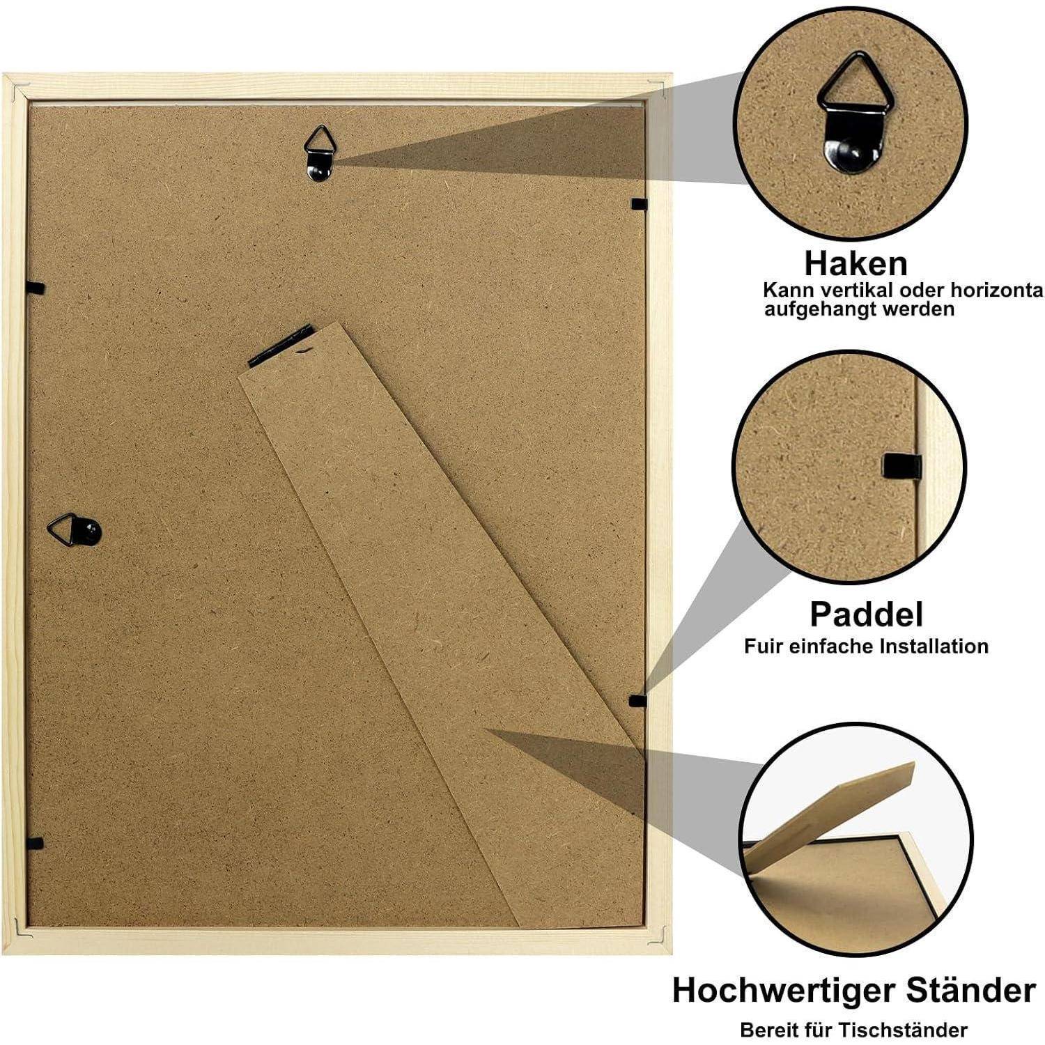 Das Bild zeigt die Rückseite eines Rahmens und hebt einen Haken zum vertikalen oder horizontalen Aufhängen, ein Paddel für einfache Installation und einen hochwertigen Ständer zur Platzierung auf einem Tisch hervor.