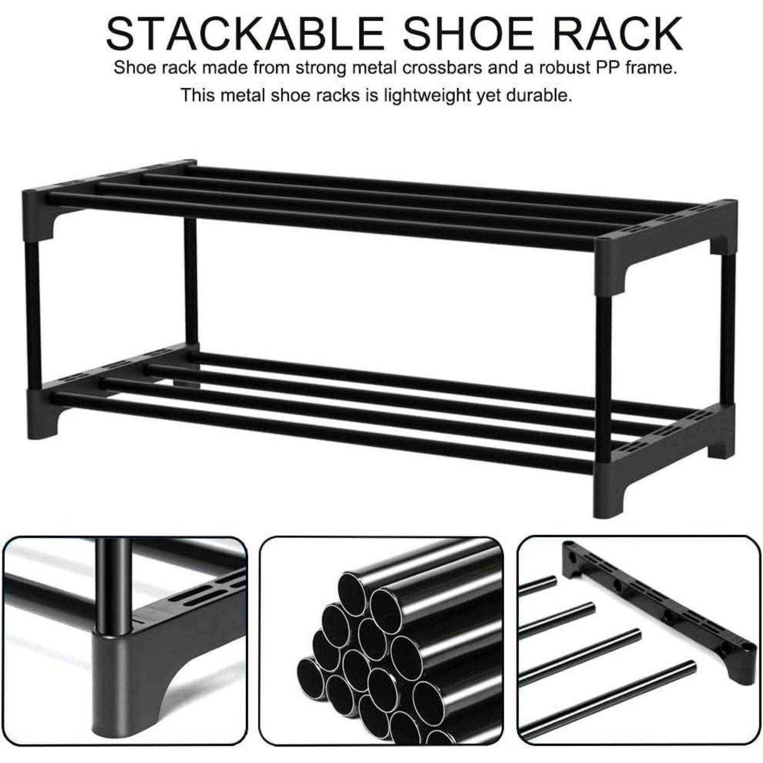 Stapelbares Schuhregal aus Metallquerstreben und einem robusten PP-Rahmen. Leicht und gleichzeitig langlebig.