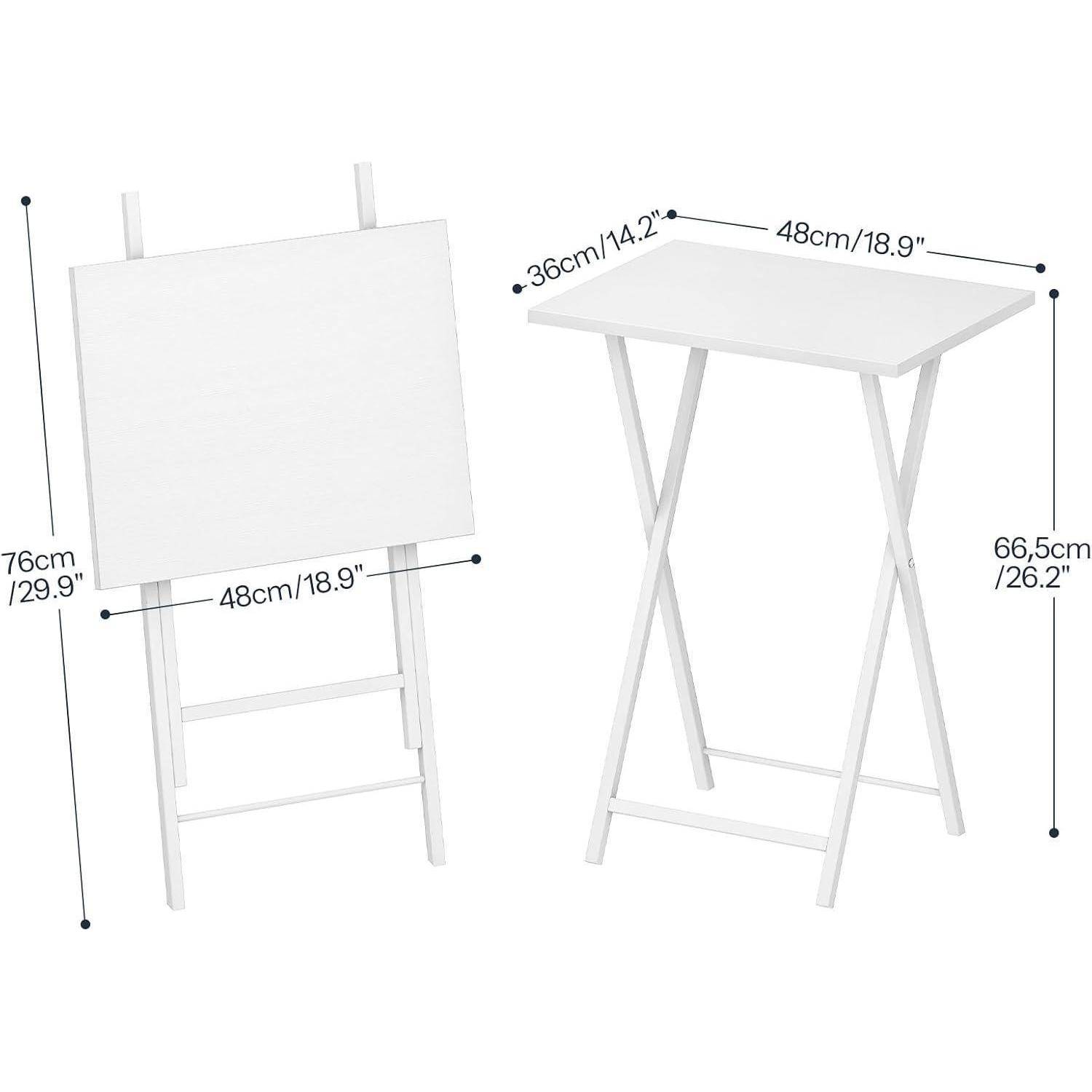 Zwei kleine weiße Klapptische mit Maßen. Links: Höhe 76 cm, Breite 48 cm. Rechts: Höhe 66,5 cm, Länge 48 cm, Breite 36 cm.