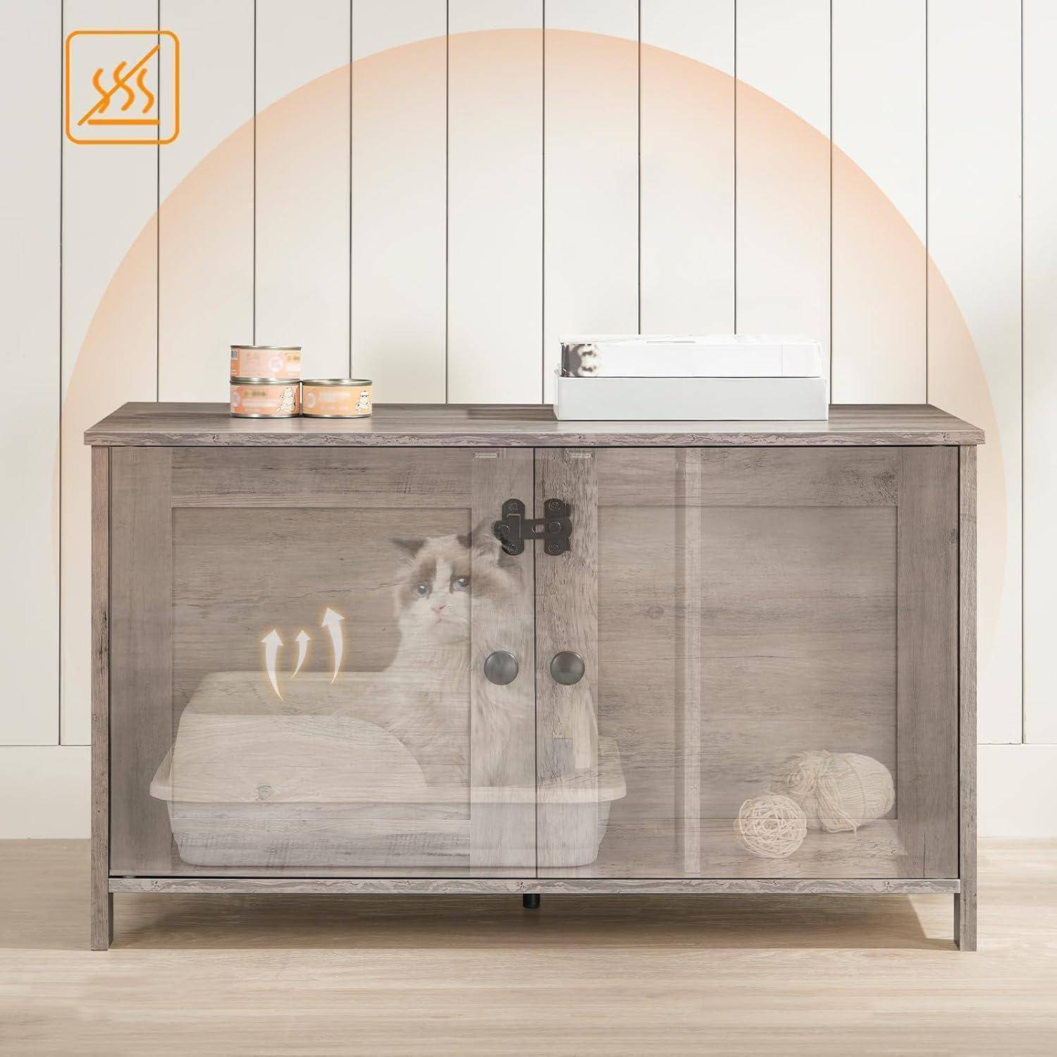 Katzenschrank Katzenklo Katzenhaus Sitzbank 80 x 50,5 x 54 cm Greige
