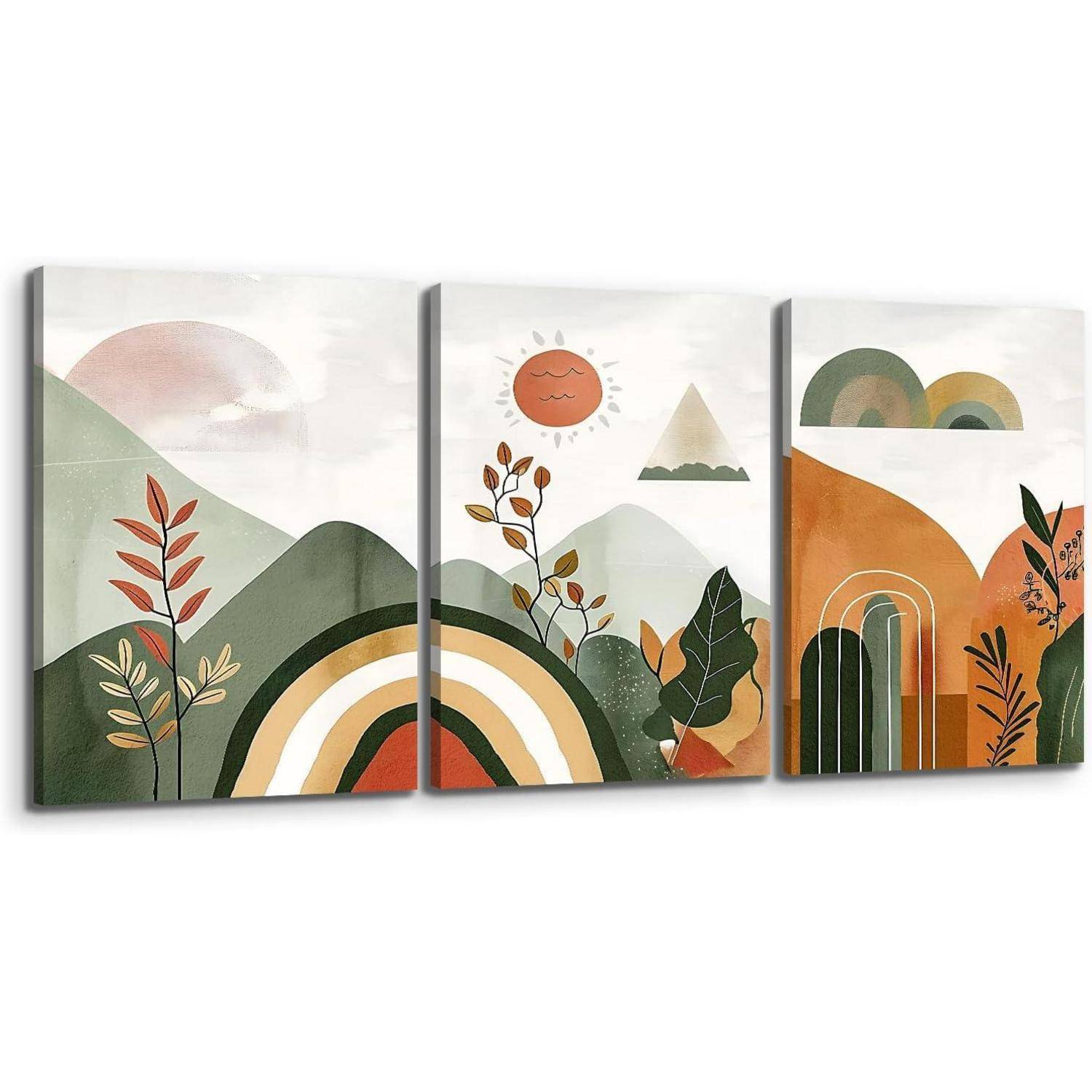 Abstraktes Kunstwerk, das eine Landschaft mit farbenfrohen Hügeln, einer Sonne und stilisierten Pflanzen und Bäumen in erdigen Tönen darstellt.