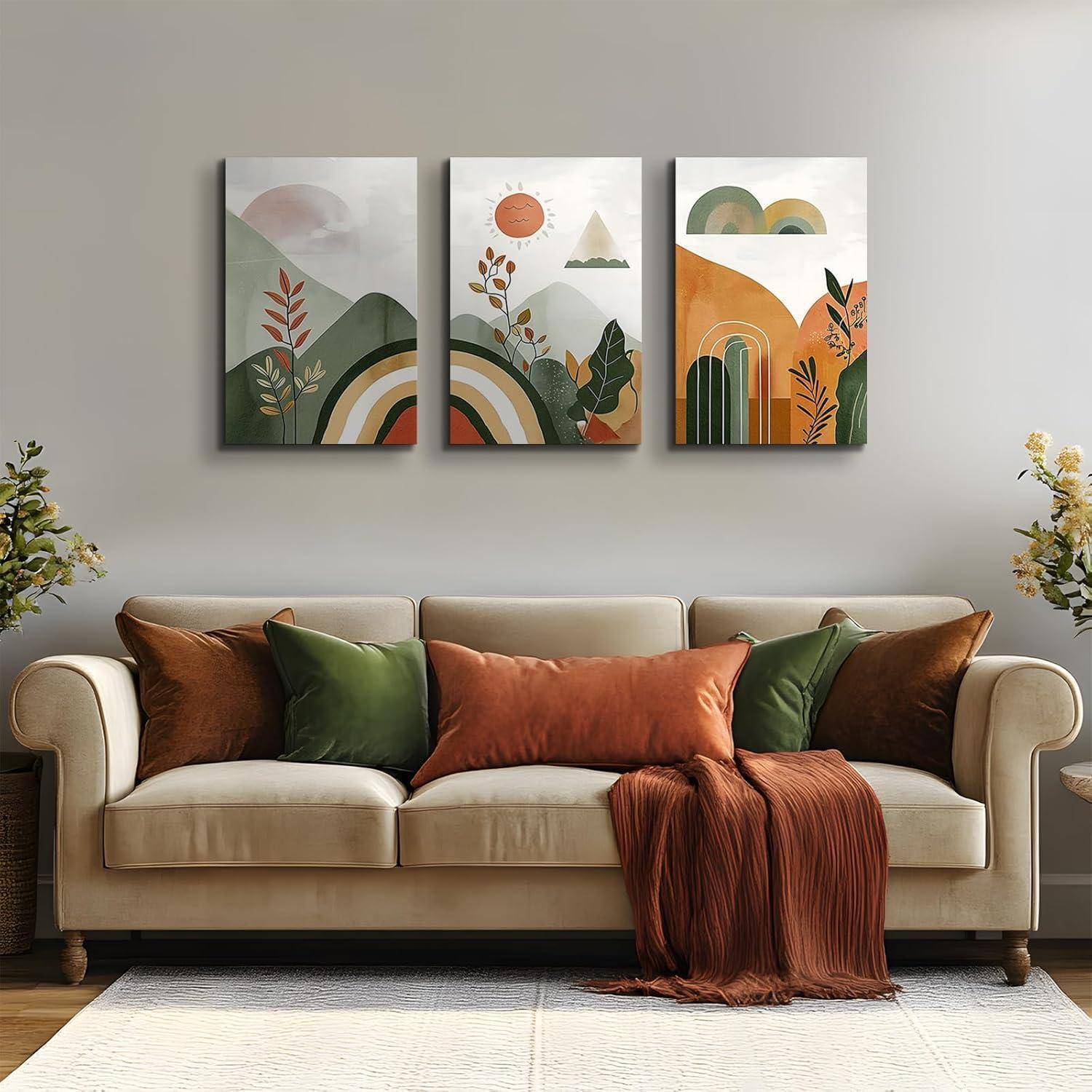 Leinwand Bilder Set Boho Grüne Abstrakte Landschaft 58L x 40B cm
