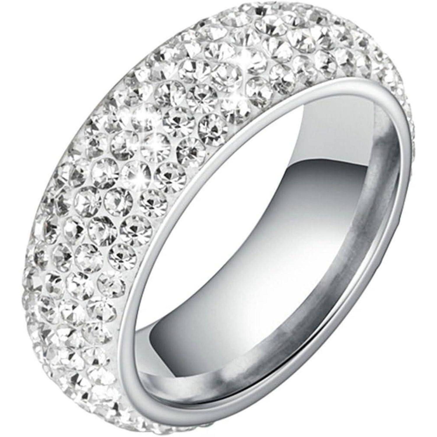 Ein silberner Ring, besetzt mit zahlreichen funkelnden Diamanten, der ein elegantes und luxuriöses Design aufweist.