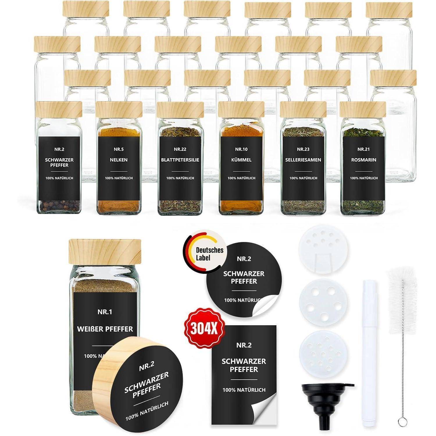 Gewürzgläser Eckig Glas 120ml 24er Streueinsatz Holzmaserung 24er set