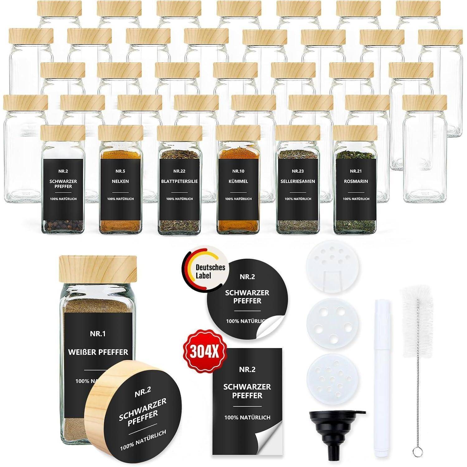Gewürzgläser eckig Set 36er 120ml Streueinsatz Holzmaserung 36er set