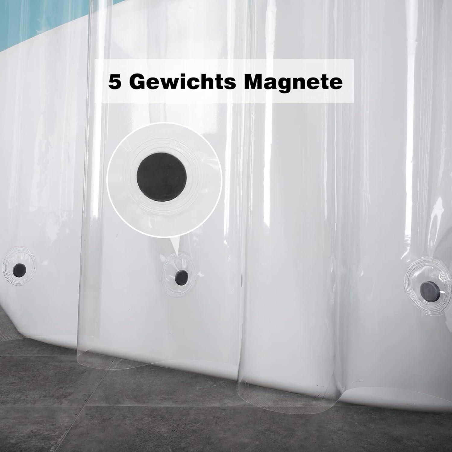 5 Gewichtsmagnete' Schild auf großer transparenter Luftkissen-Struktur, ausgestellt auf grauem Fliesenboden.