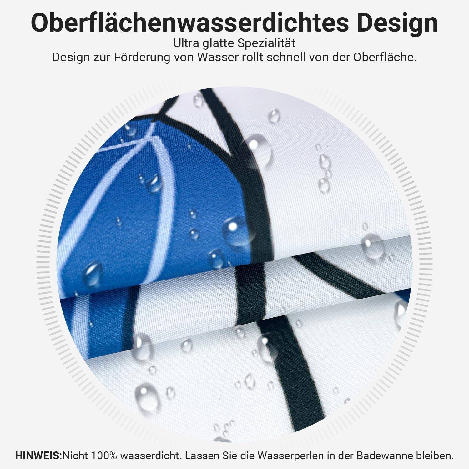 Ultraglatte Spezialdesign fördert schnelles Abperlen des Wassers.' Bild zeigt Stoff mit Wassertropfen. Hinweis: Nicht 100% wasserdicht.