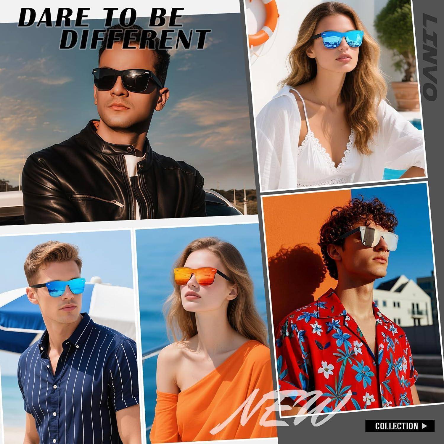 Eine Collage von fünf Personen mit Sonnenbrillen in verschiedenen Stilen, jede mit einem unverwechselbaren Modeoutfit. Text lautet 'TRAU DICH, ANDERS ZU SEIN' und 'NEUE KOLLEKTION.