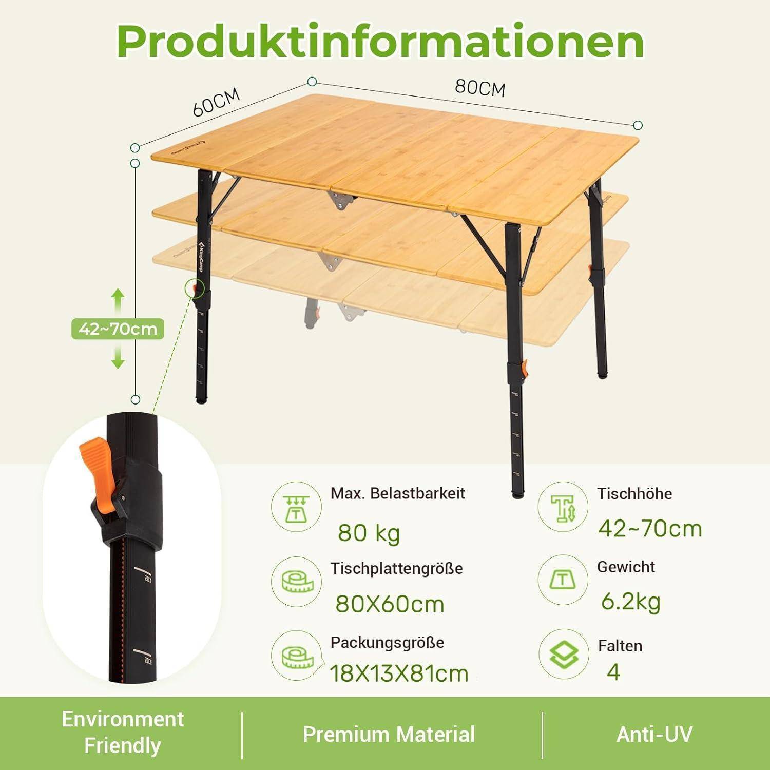 Campingtisch Bambus Klapptisch höhenverstellbar Stufenlos - 80x60cm