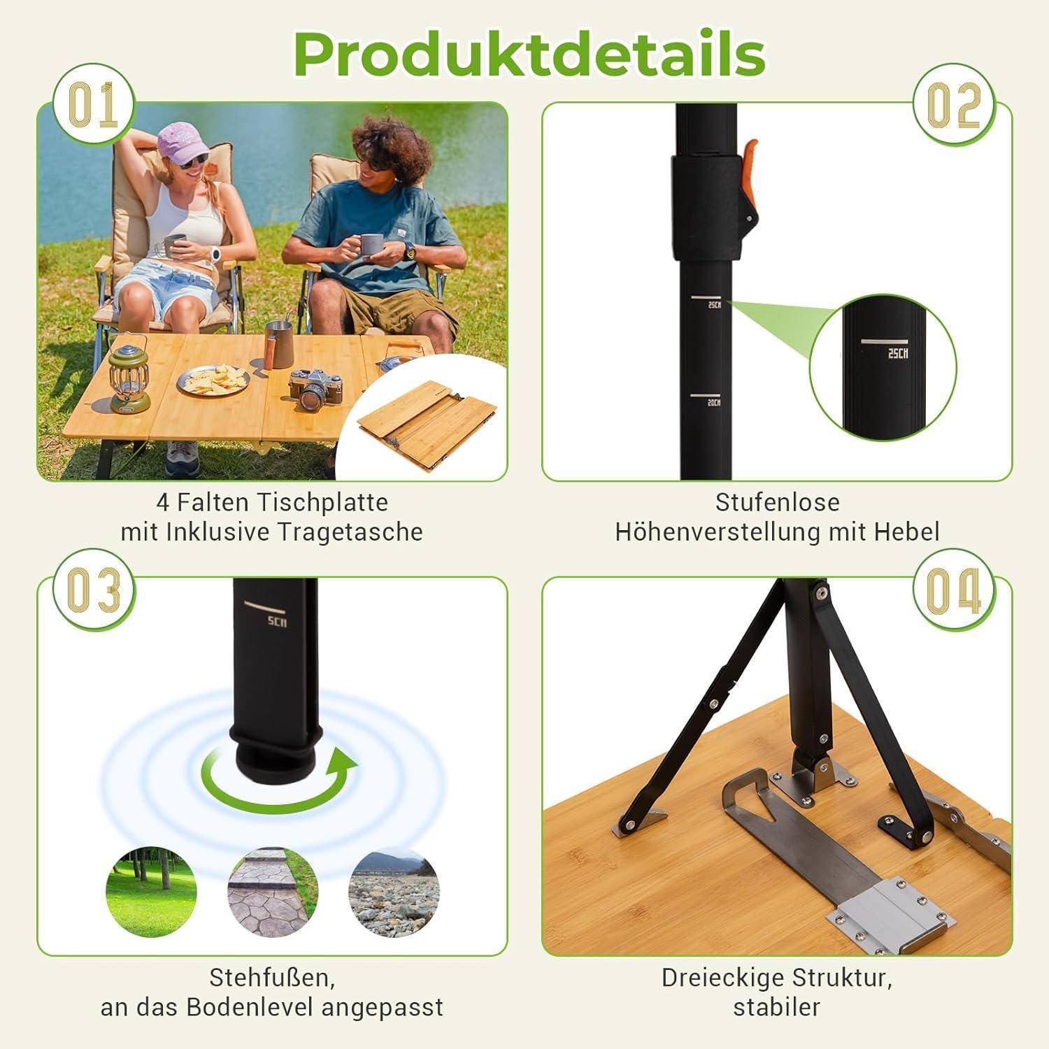 Campingtisch Bambus Klapptisch höhenverstellbar Stufenlos - 80x60cm