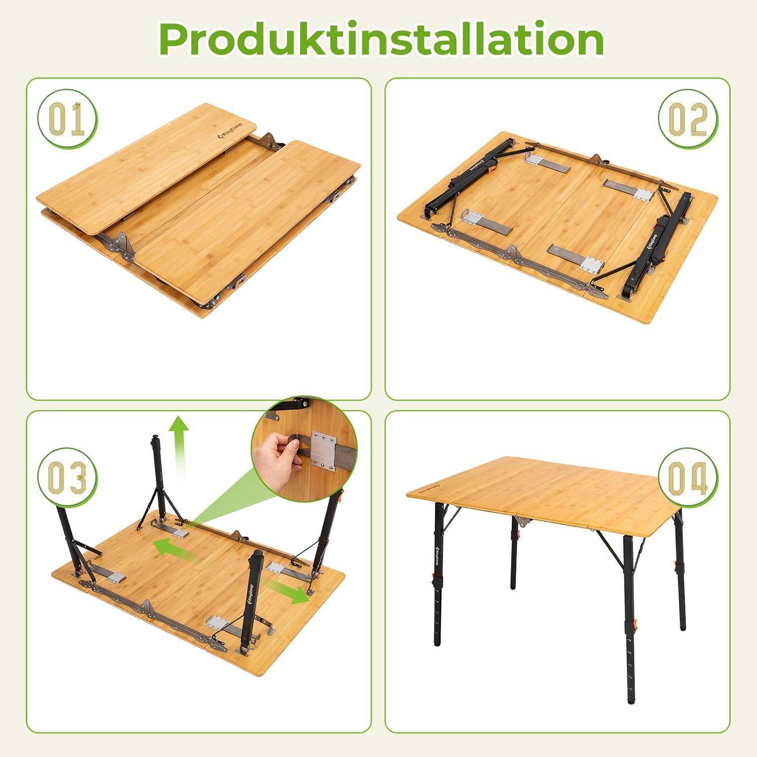 Campingtisch Bambus Klapptisch höhenverstellbar Stufenlos - 80x60cm