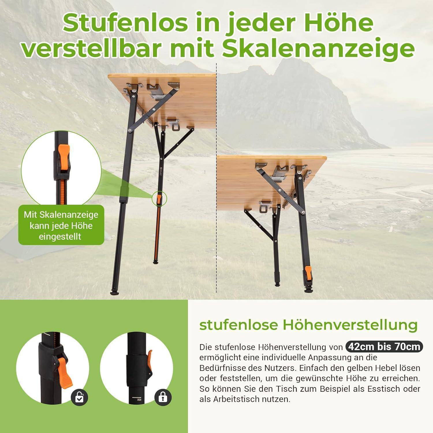 Campingtisch Bambus Klapptisch höhenverstellbar Stufenlos - 80x60cm