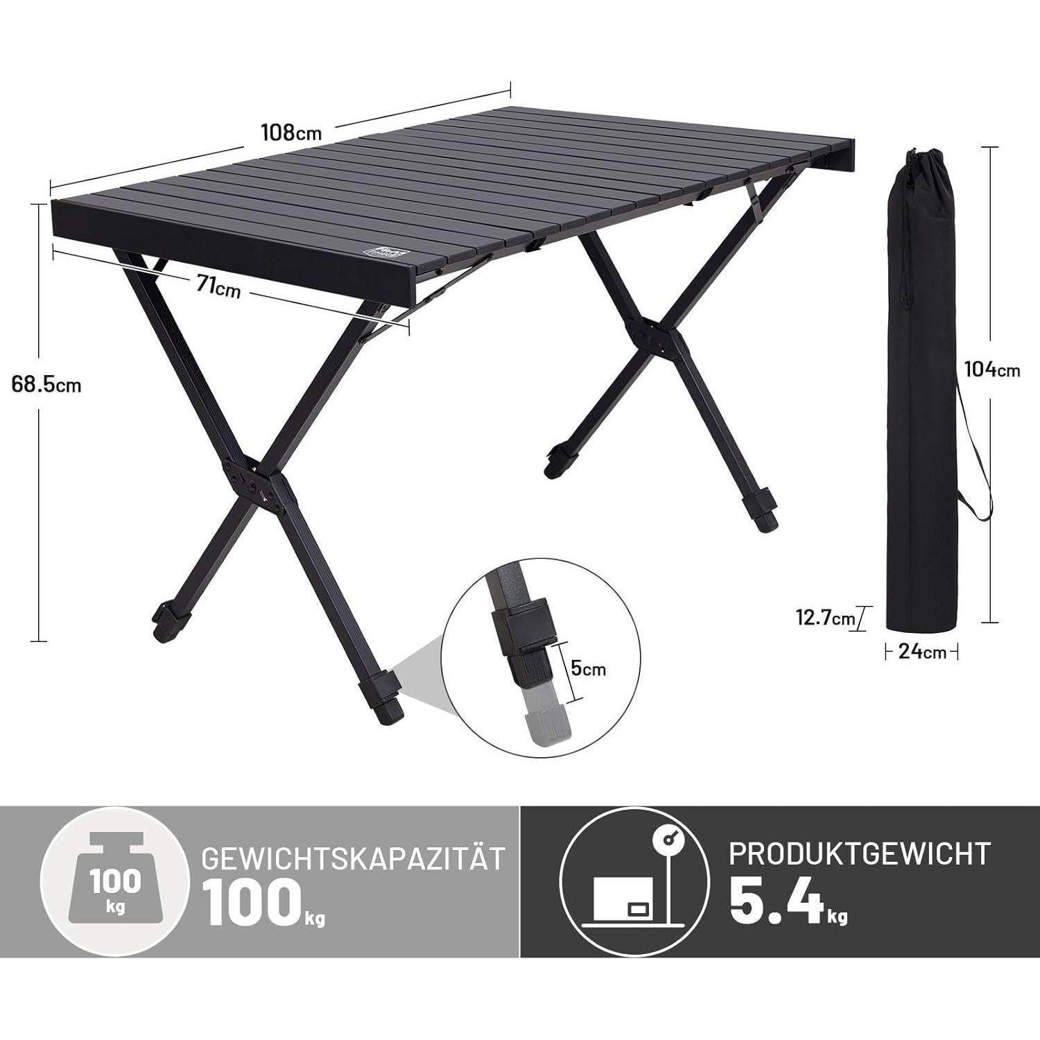 Campingtisch Klappbar Höhenverstellbar Aluminium 108x71cm Schwarz