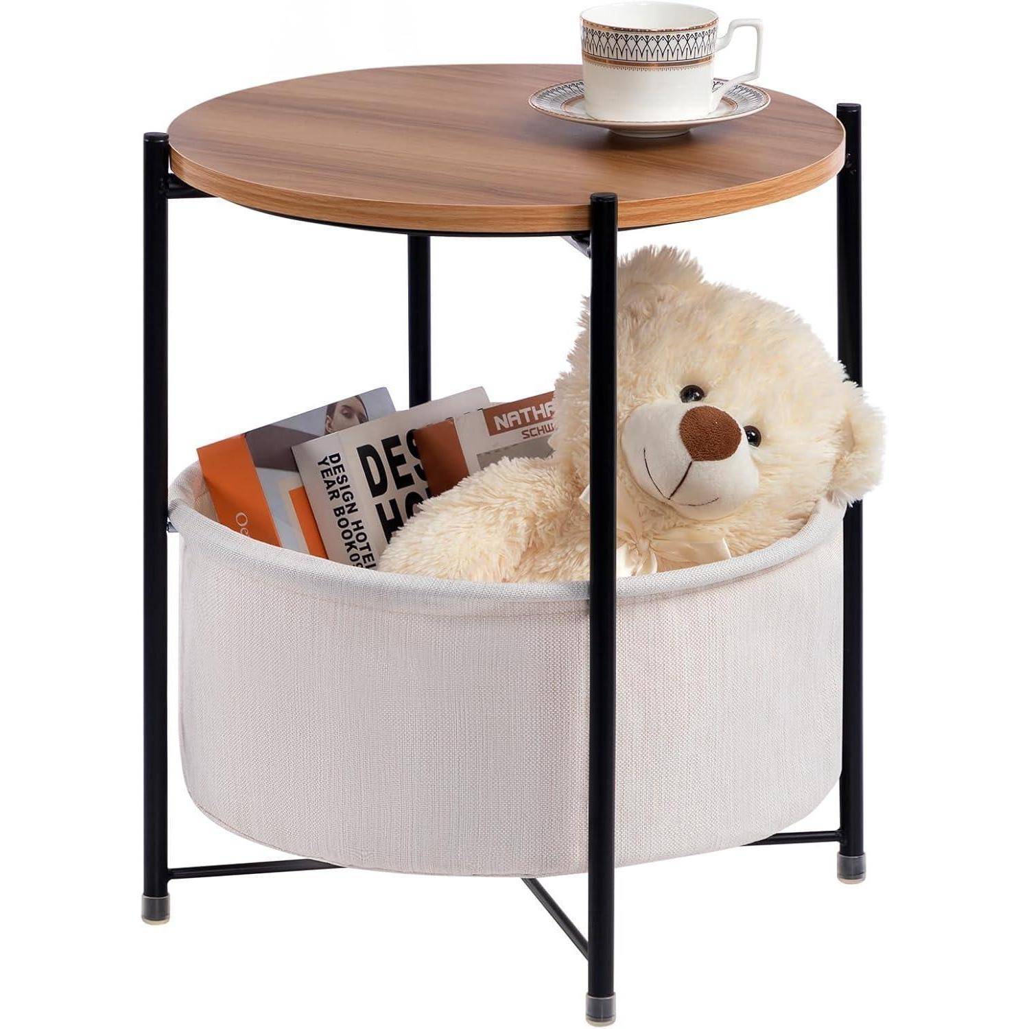 Beistelltisch Rund Holz Korb Couchtisch Nachttisch Klein Beige