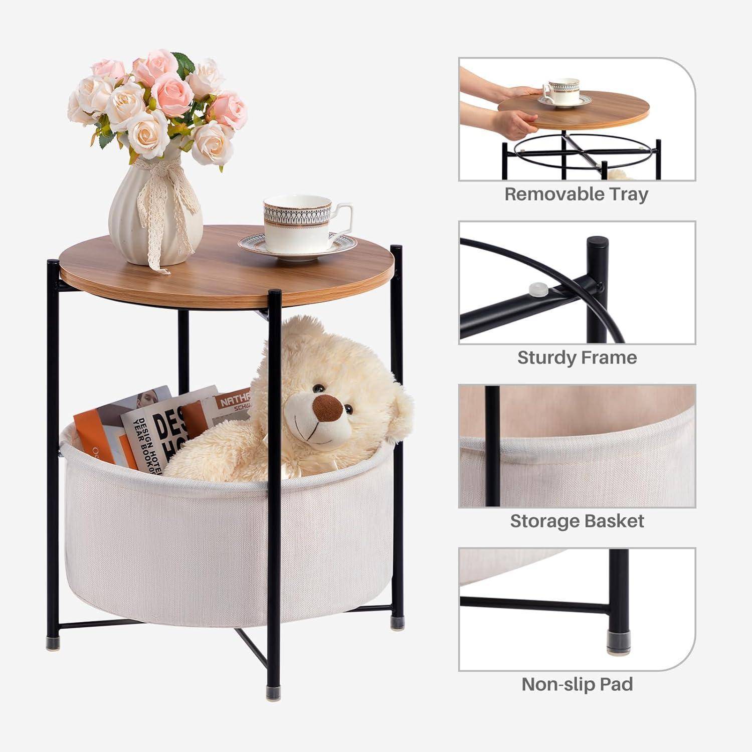 Beistelltisch Rund Holz Korb Couchtisch Nachttisch Klein Beige