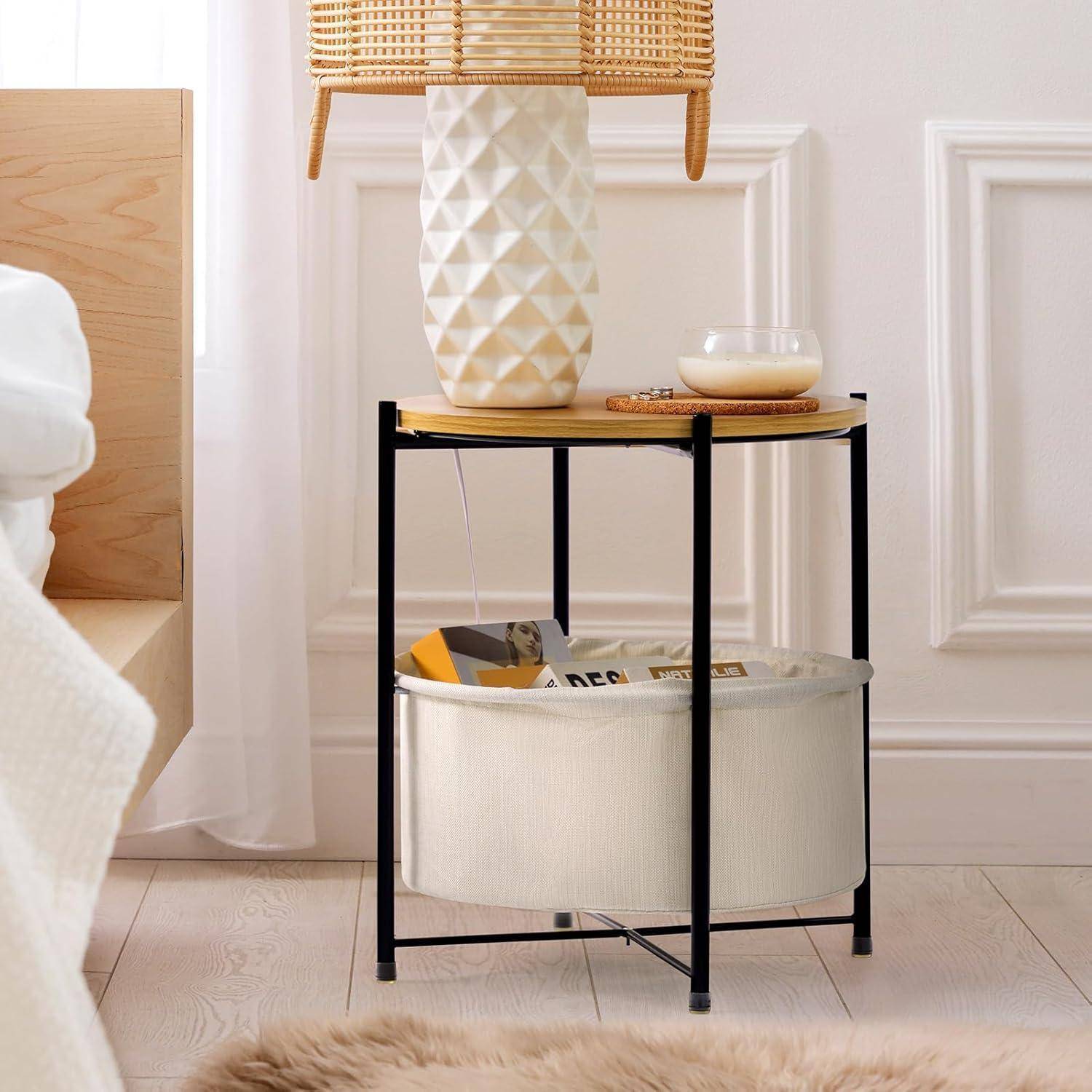 Beistelltisch Rund Holz Korb Couchtisch Nachttisch Klein Beige