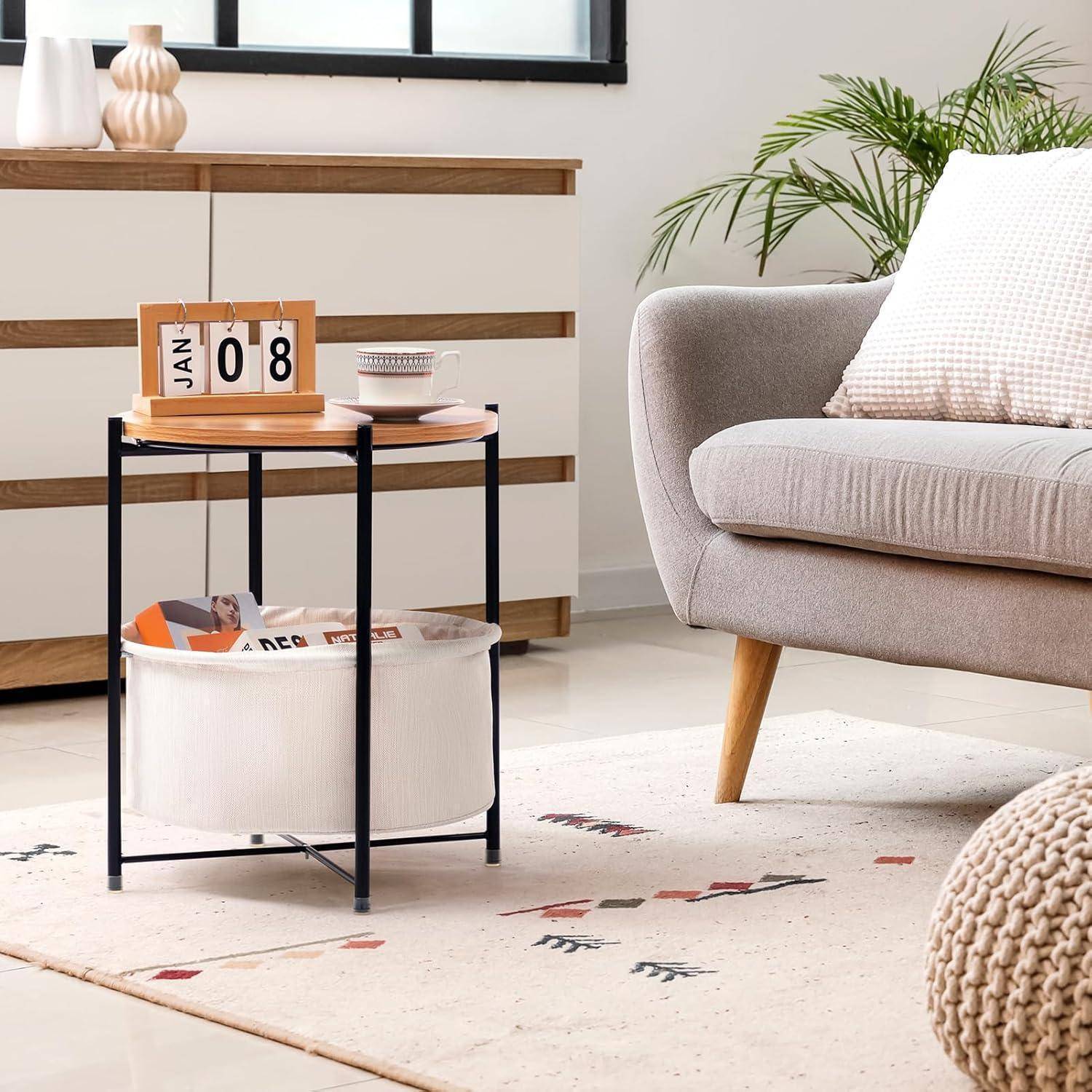 Beistelltisch Rund Holz Korb Couchtisch Nachttisch Klein Beige